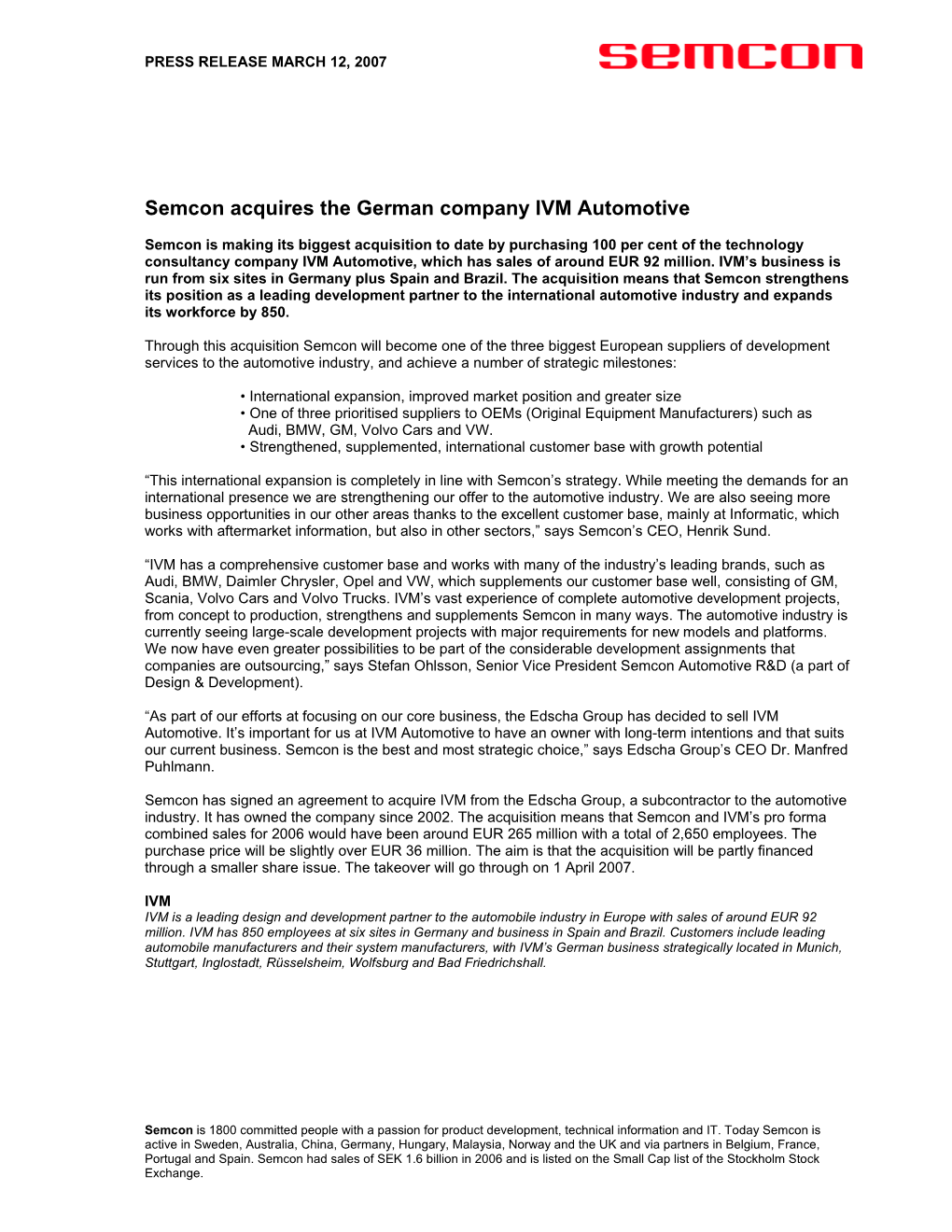 Semcon Acquires the German Company IVM Automotive