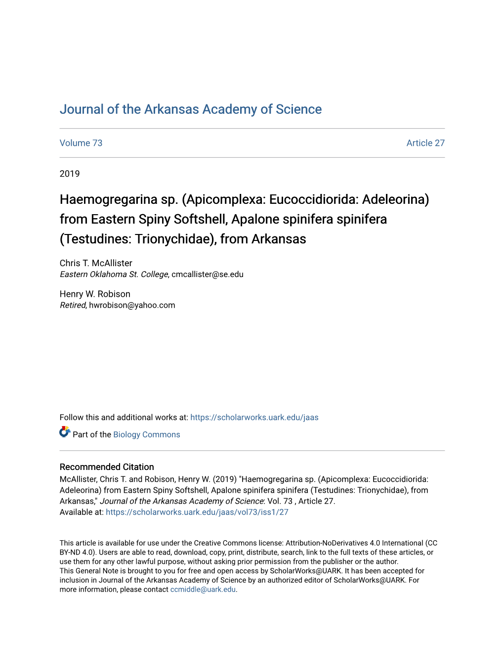 Apicomplexa: Eucoccidiorida: Adeleorina) from Eastern Spiny Softshell, Apalone Spinifera Spinifera (Testudines: Trionychidae), from Arkansas