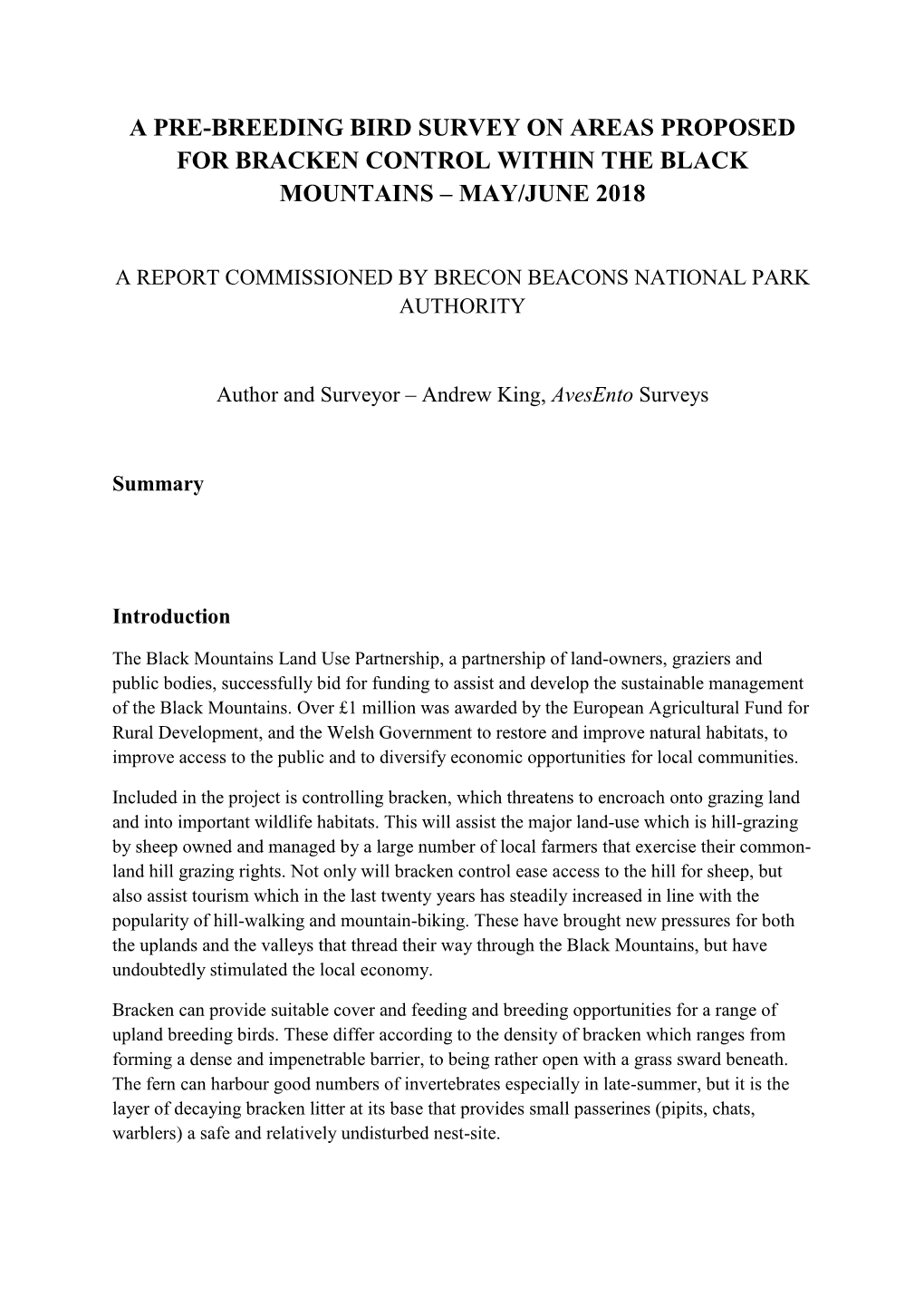 A Pre-Breeding Bird Survey on Areas Proposed for Bracken Control Within the Black Mountains – May/June 2018