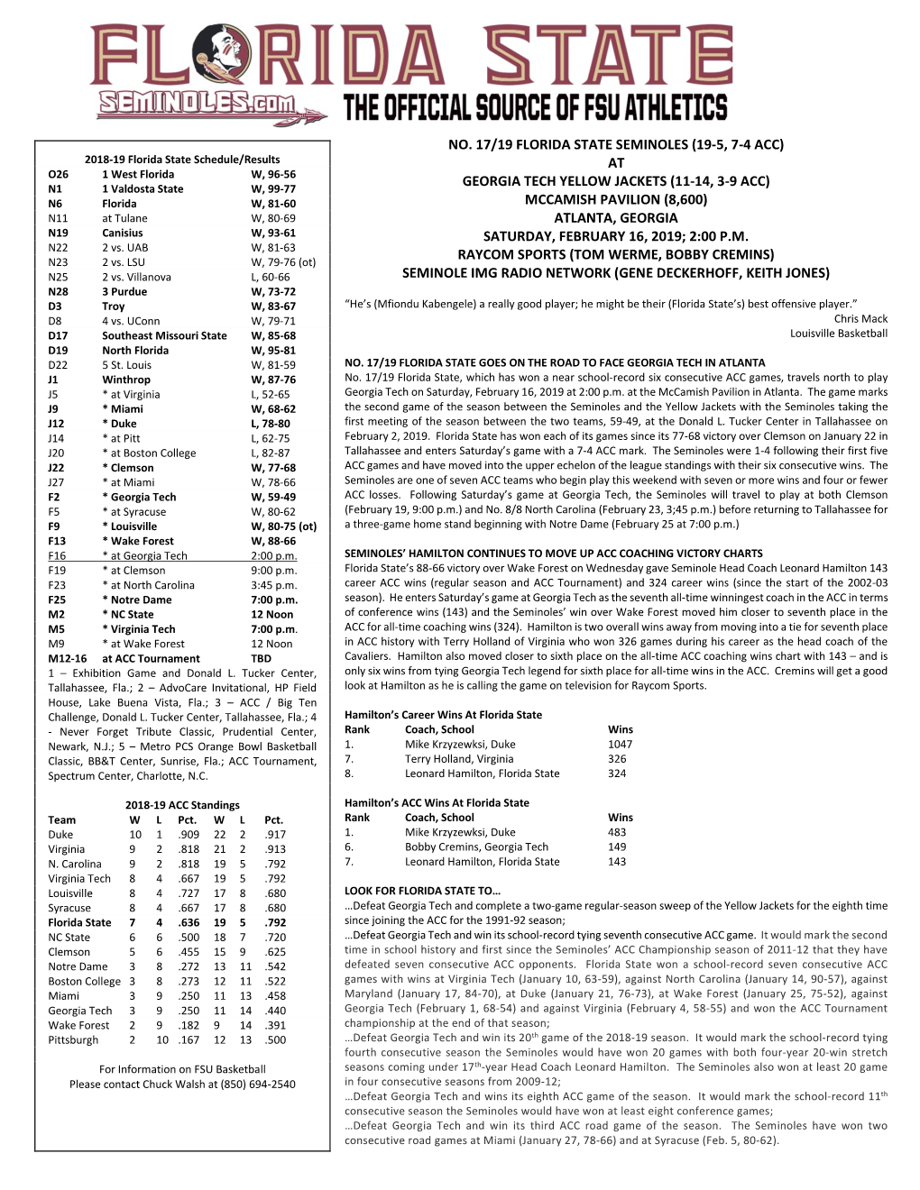 2008-09 Florida State Men's Basketball Schedule Notes