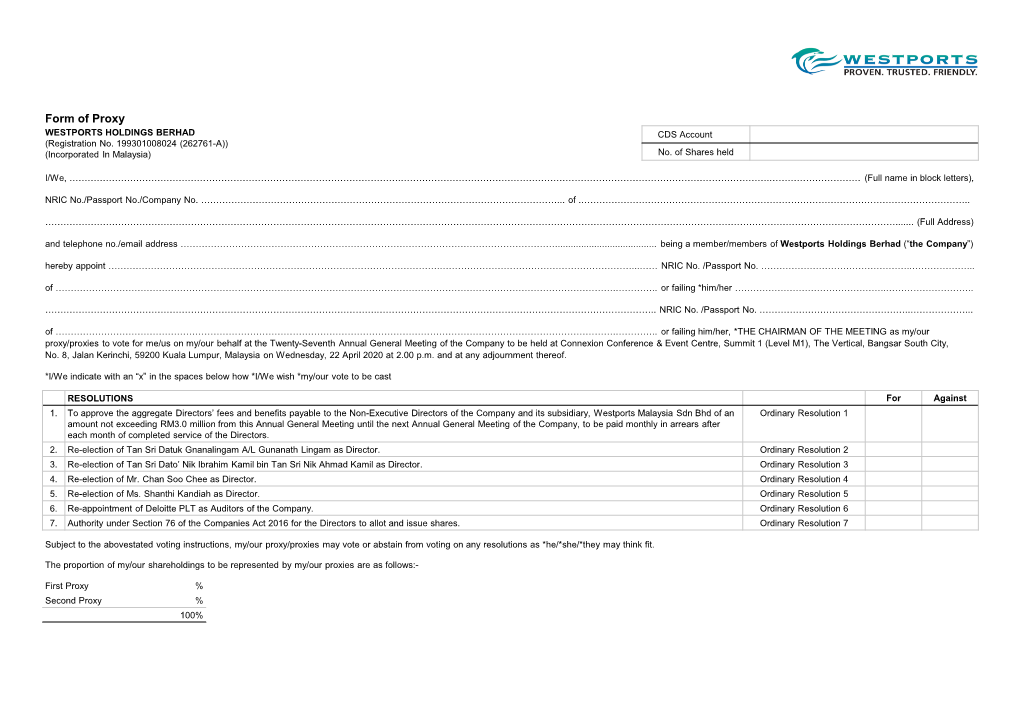 Form of Proxy WESTPORTS HOLDINGS BERHAD CDS Account (Registration No