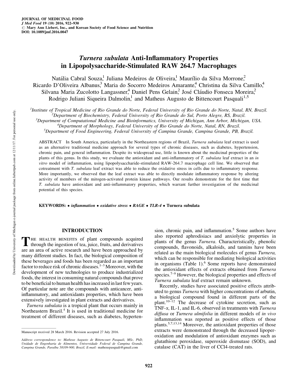 Turnera Subulata Anti-Inflammatory Properties in Lipopolysaccharide