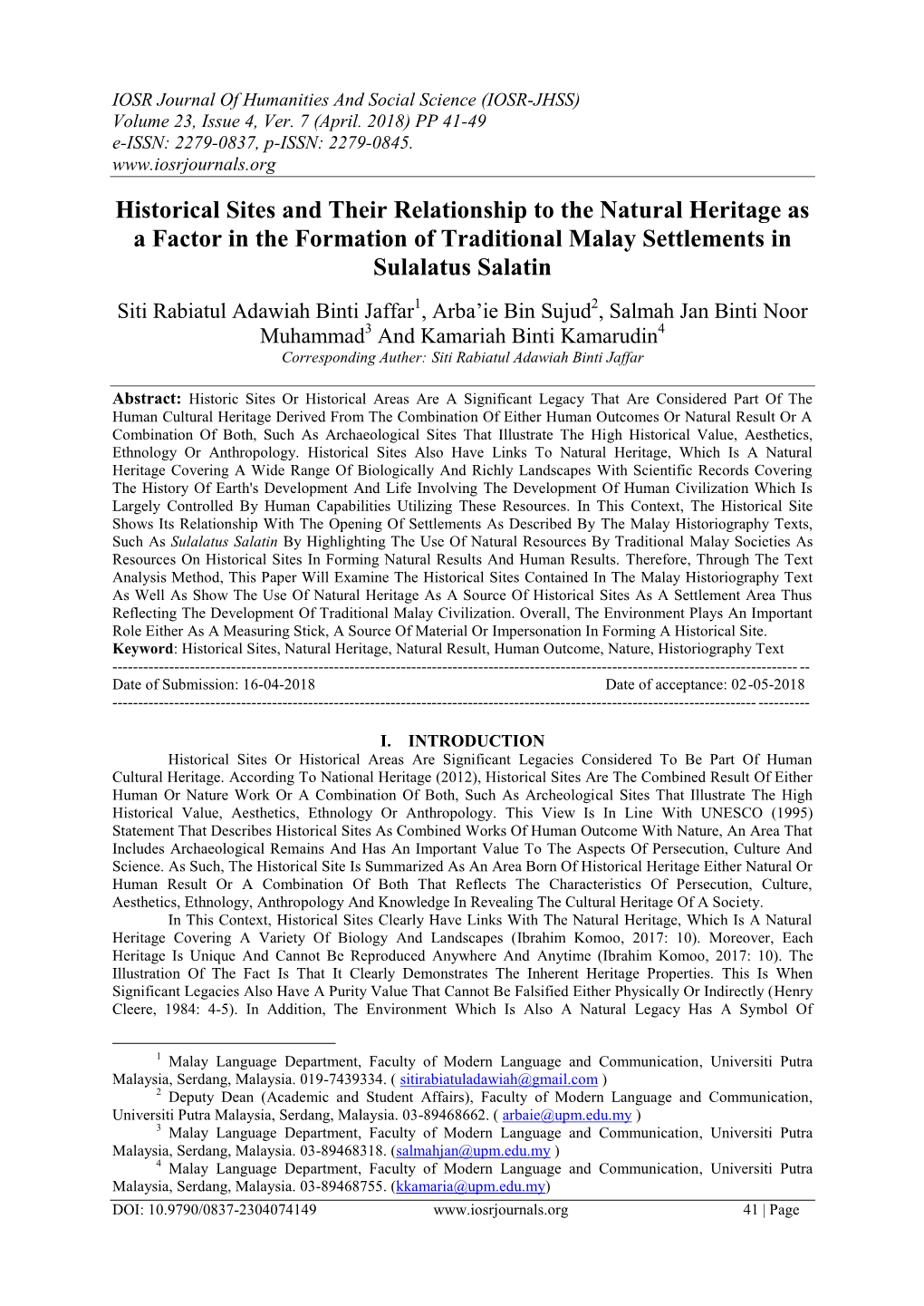 Historical Sites and Their Relationship to the Natural Heritage As a Factor in the Formation of Traditional Malay Settlements in Sulalatus Salatin
