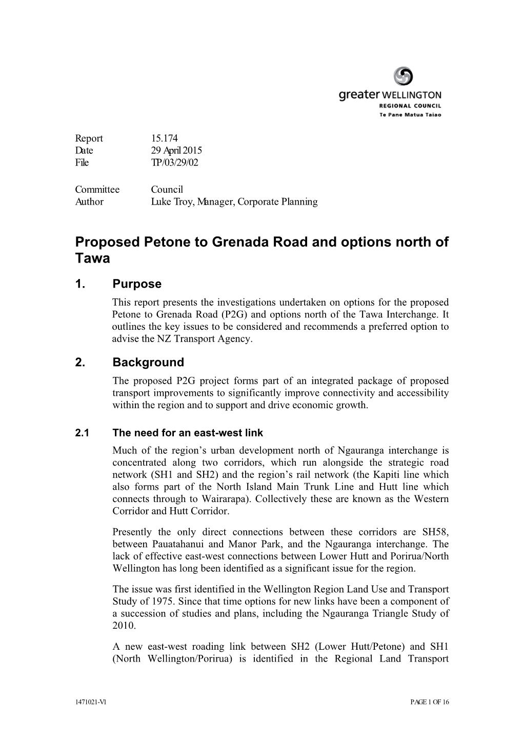 Proposed Petone to Grenada Road and Options North of Tawa