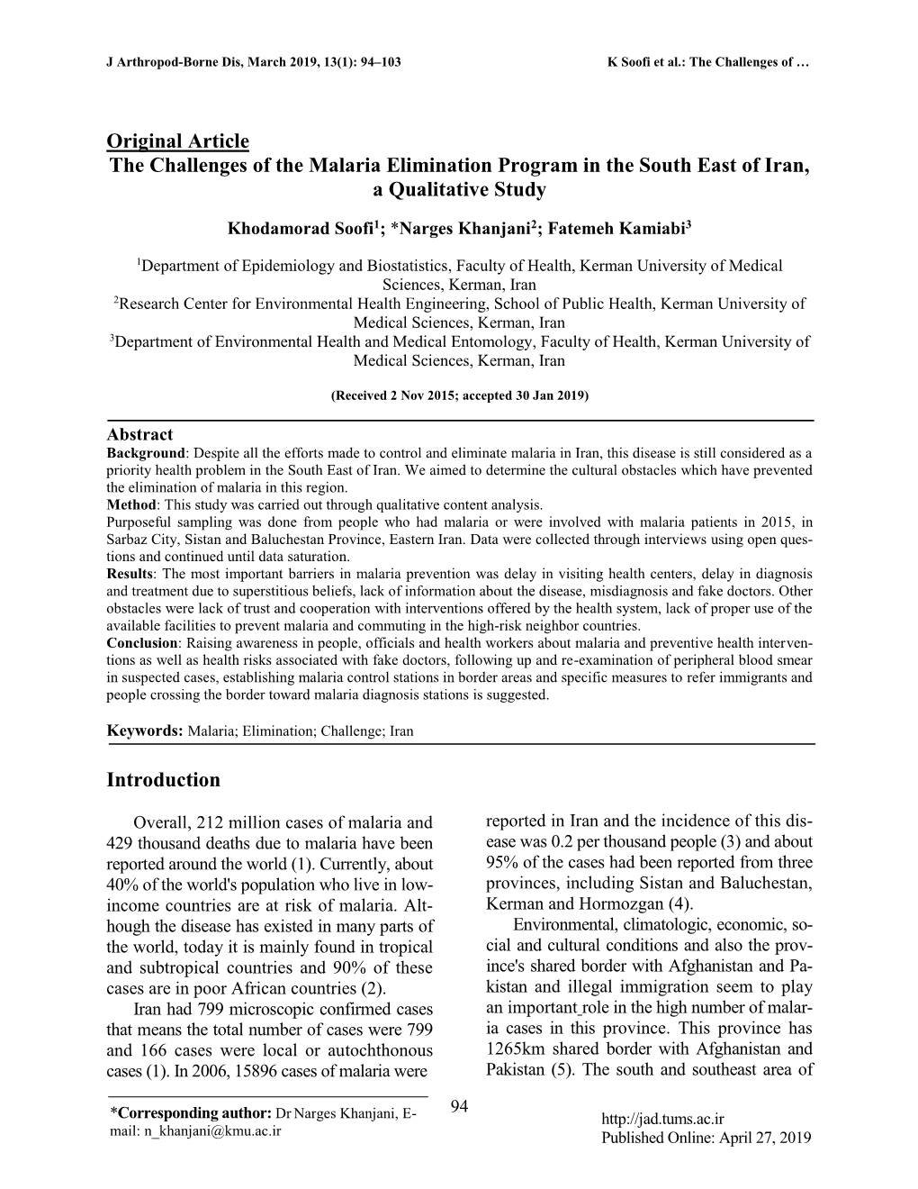 Original Article the Challenges of the Malaria Elimination Program in the South East of Iran, a Qualitative Study