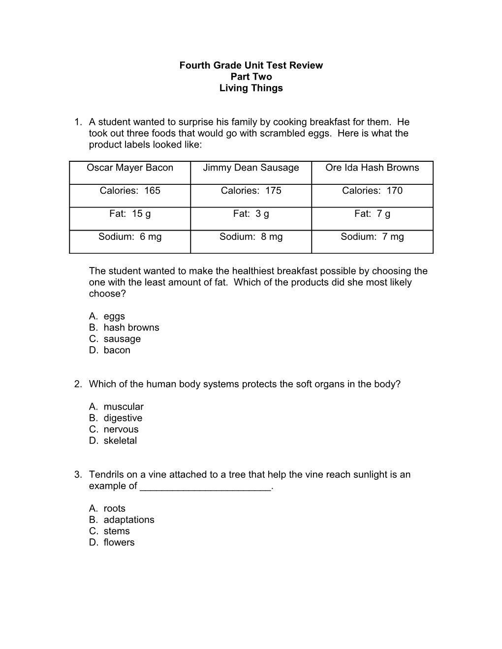 Fourth Grade Unit Test Review