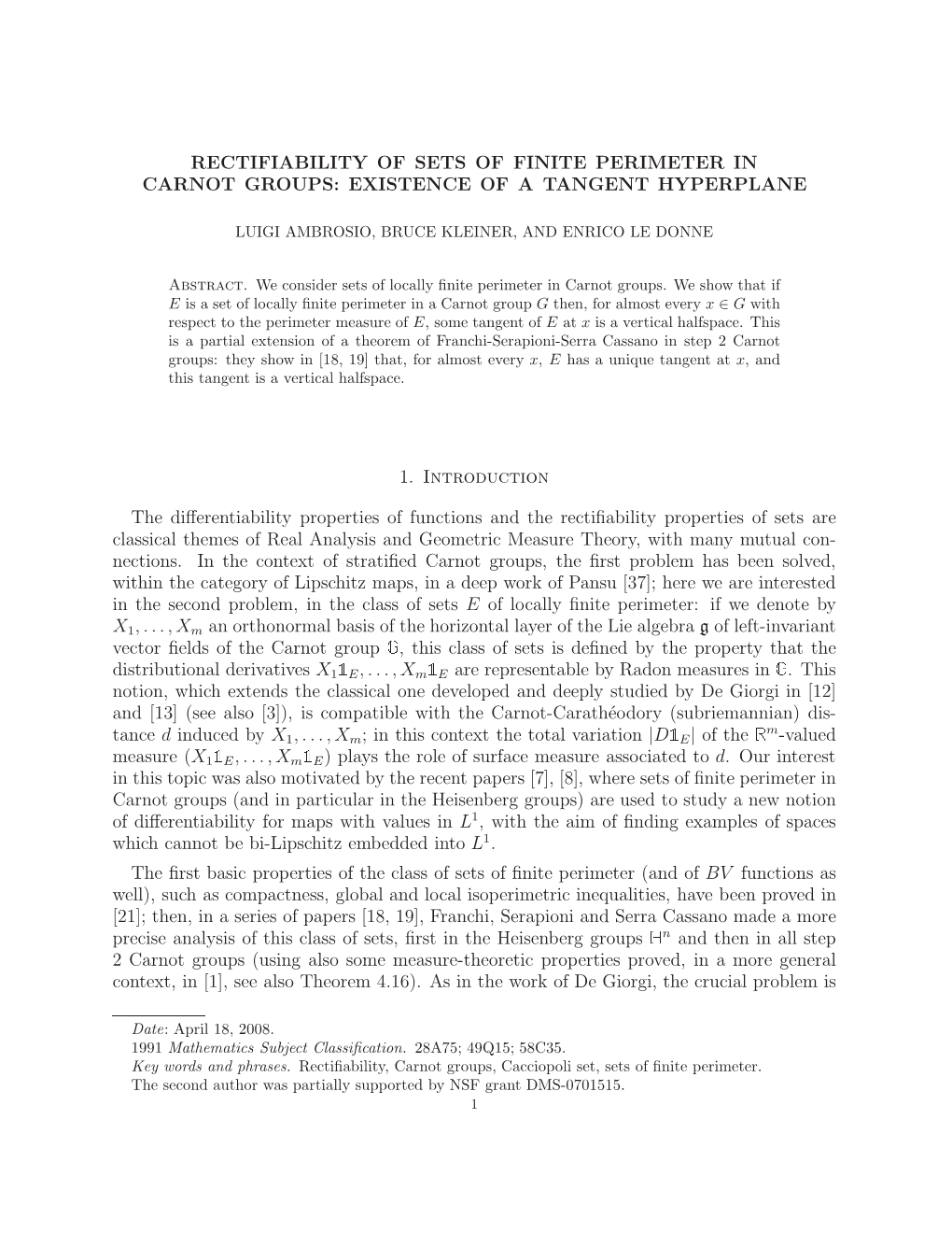 Rectifiability of Sets of Finite Perimeter in Carnot Groups: Existence of a Tangent Hyperplane