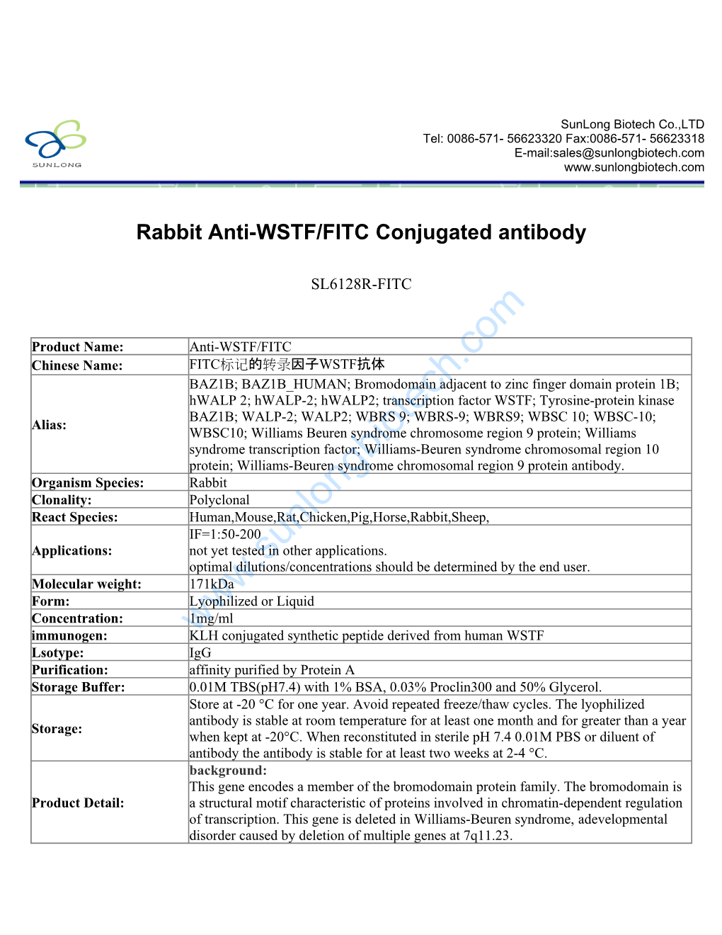 Rabbit Anti-WSTF/FITC Conjugated Antibody