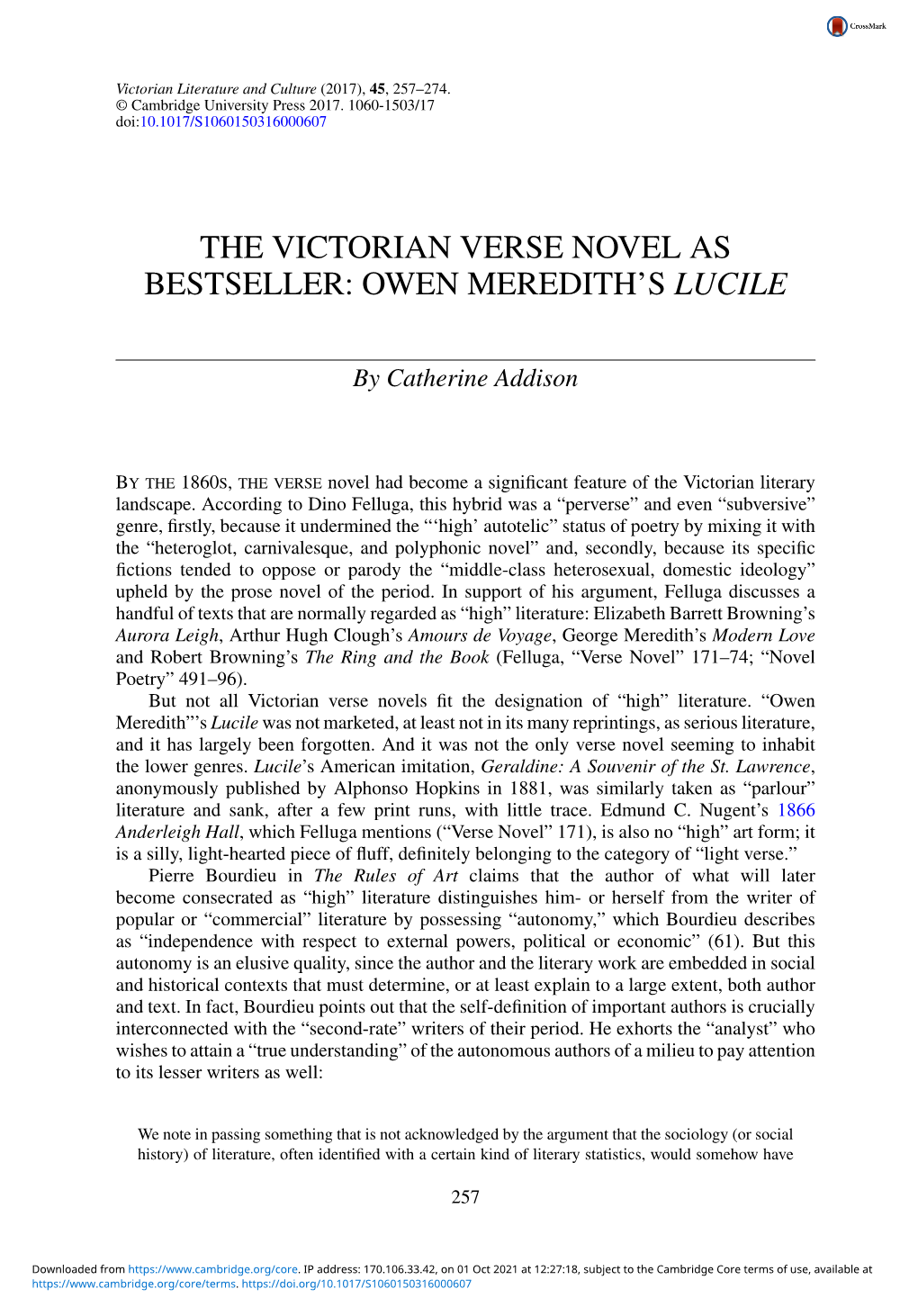 The Victorian Verse Novel As Bestseller: Owen Meredith’S Lucile