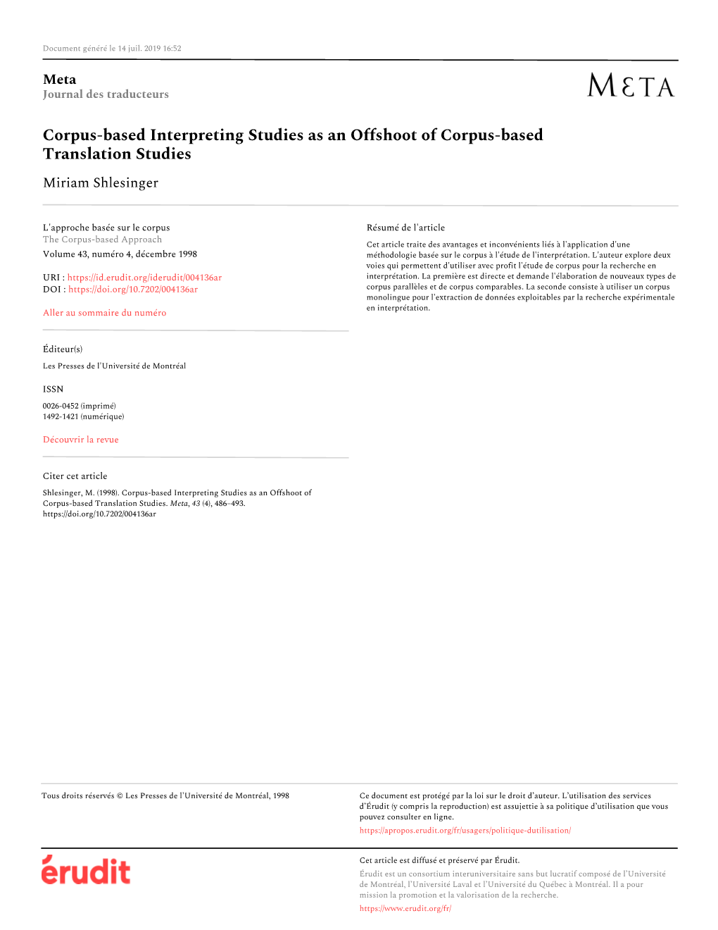 Corpus-Based Interpreting Studies As an Offshoot of Corpus-Based Translation Studies Miriam Shlesinger