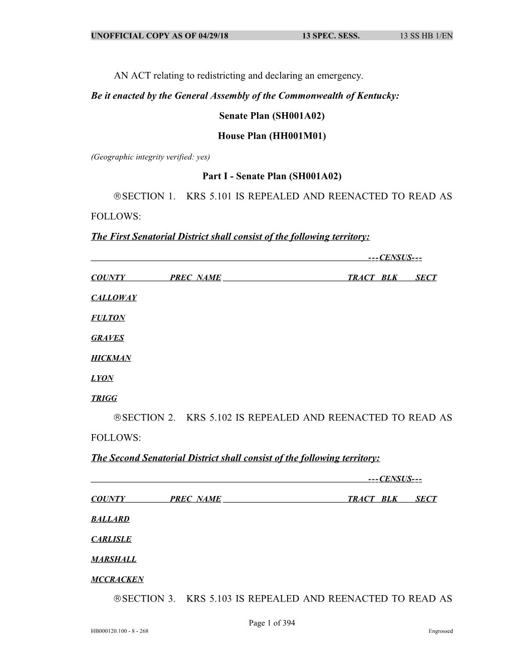 AN ACT Relating to Redistricting and Declaring an Emergency s1