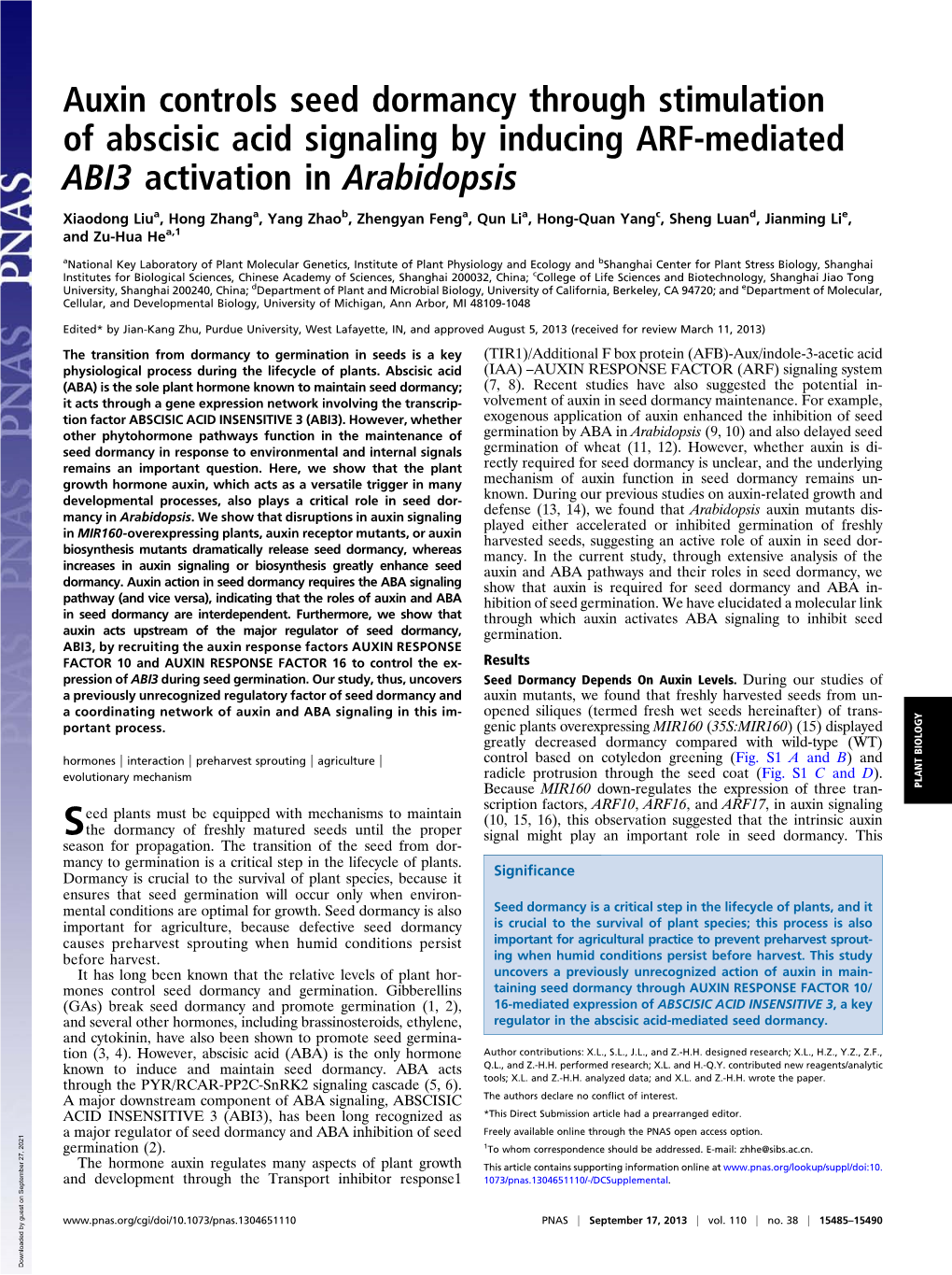 Auxin Controls Seed Dormancy Through Stimulation of Abscisic Acid Signaling by Inducing ARF-Mediated ABI3 Activation in Arabidopsis