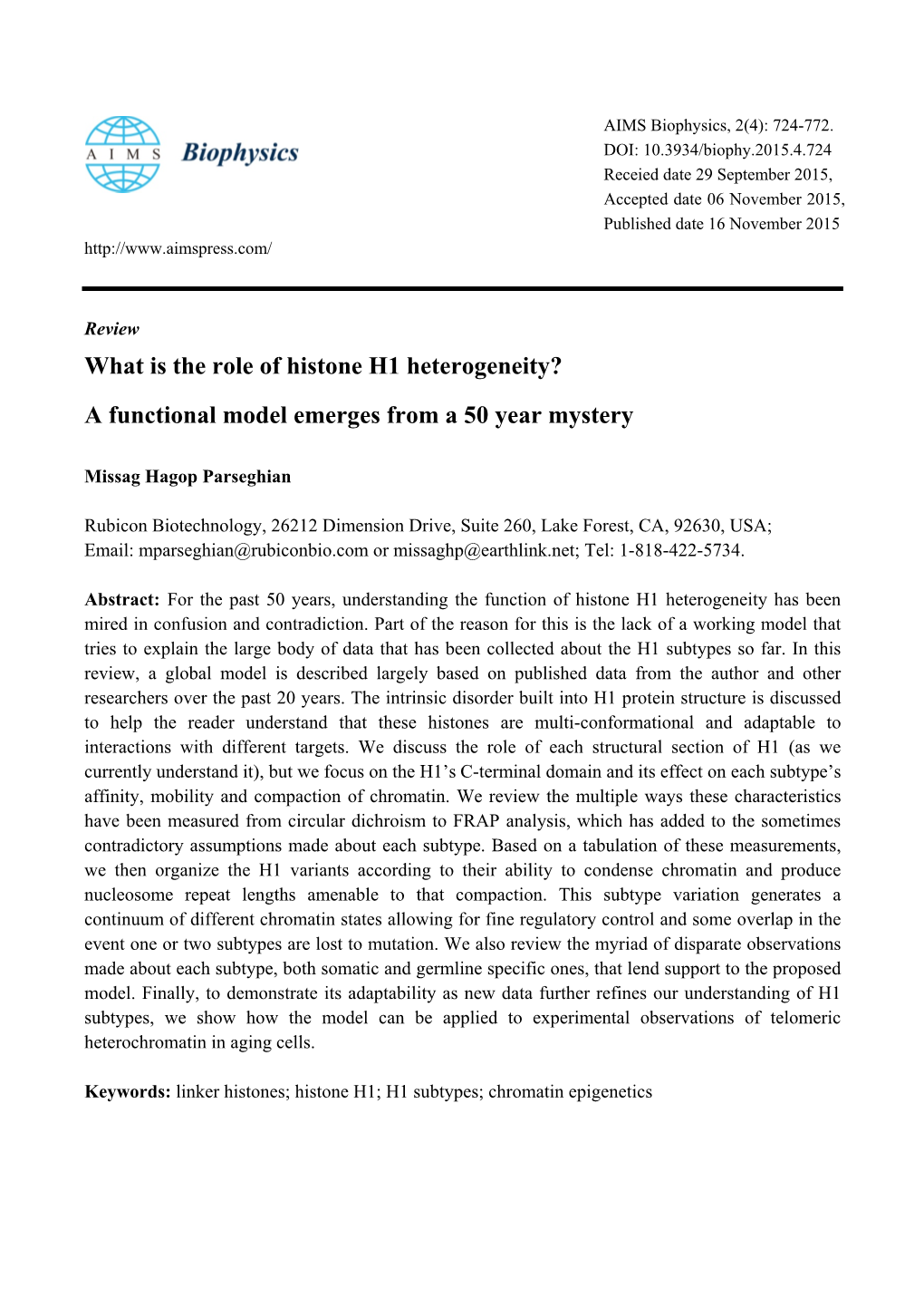 What Is the Role of Histone H1 Heterogeneity? a Functional Model Emerges from a 50 Year Mystery