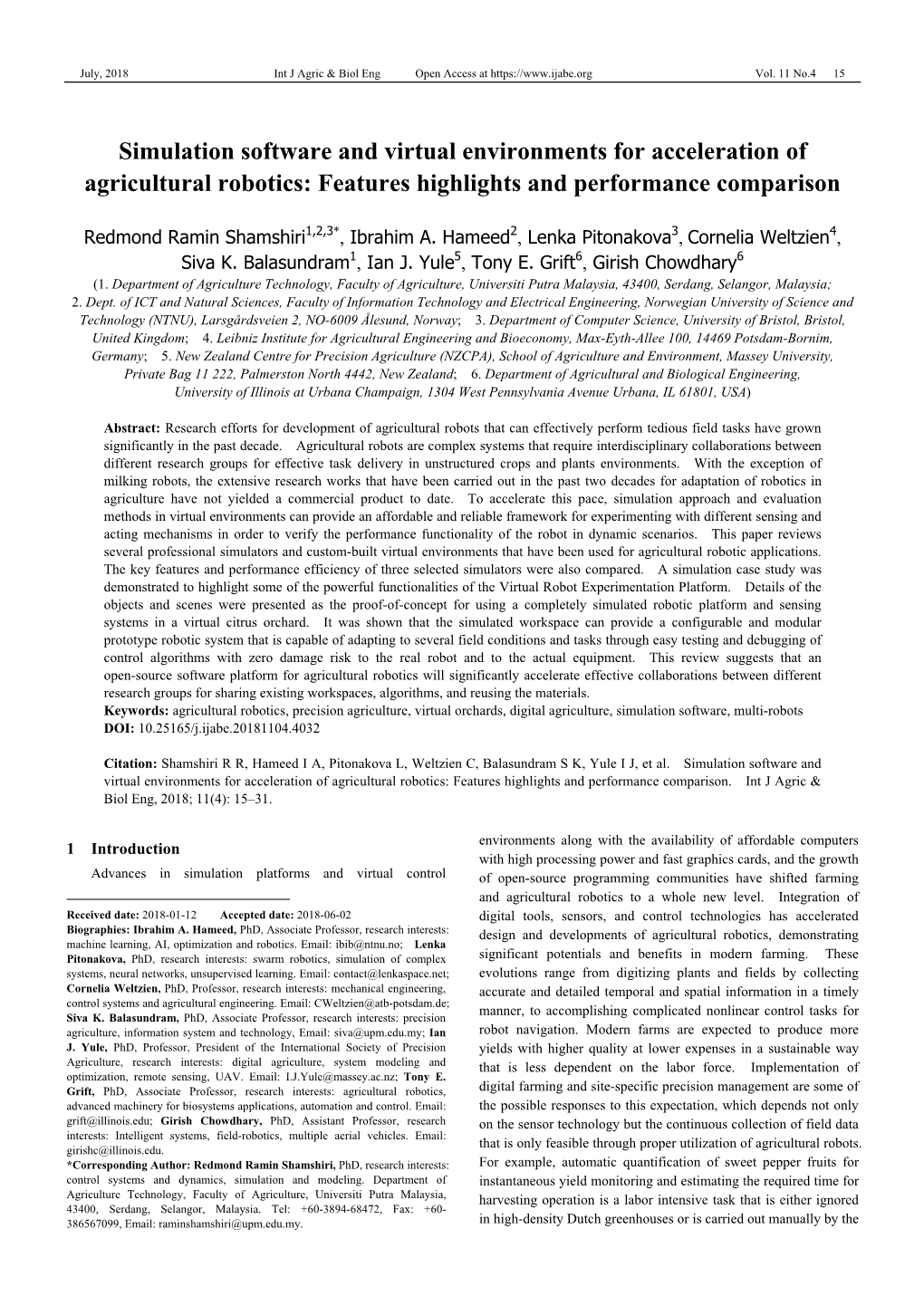 Simulation Software and Virtual Environments for Acceleration of Agricultural Robotics: Features Highlights and Performance Comparison