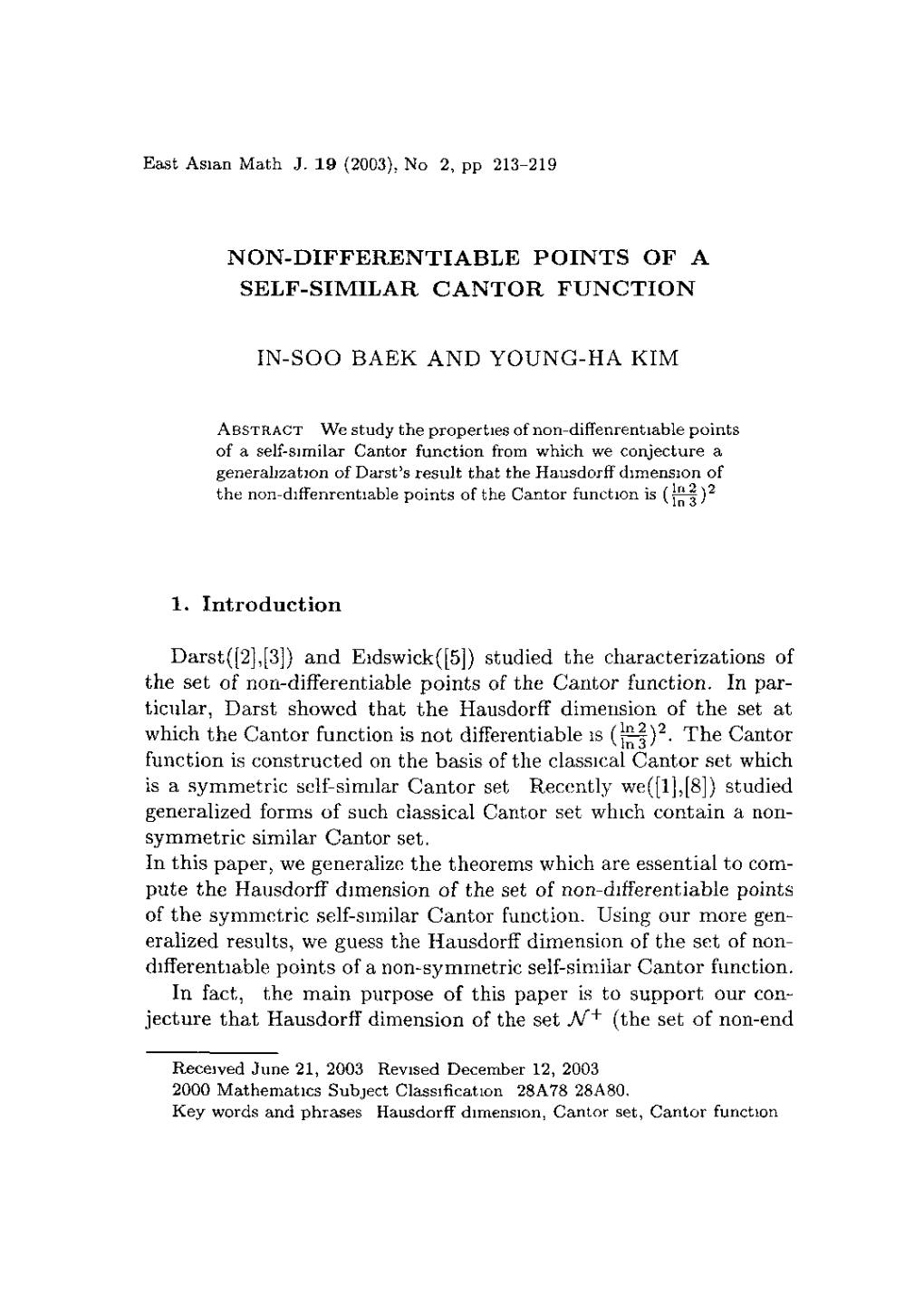 SELF-SIMILAR CANTOR FUNCTION KIM the Set of Non-Differentiable