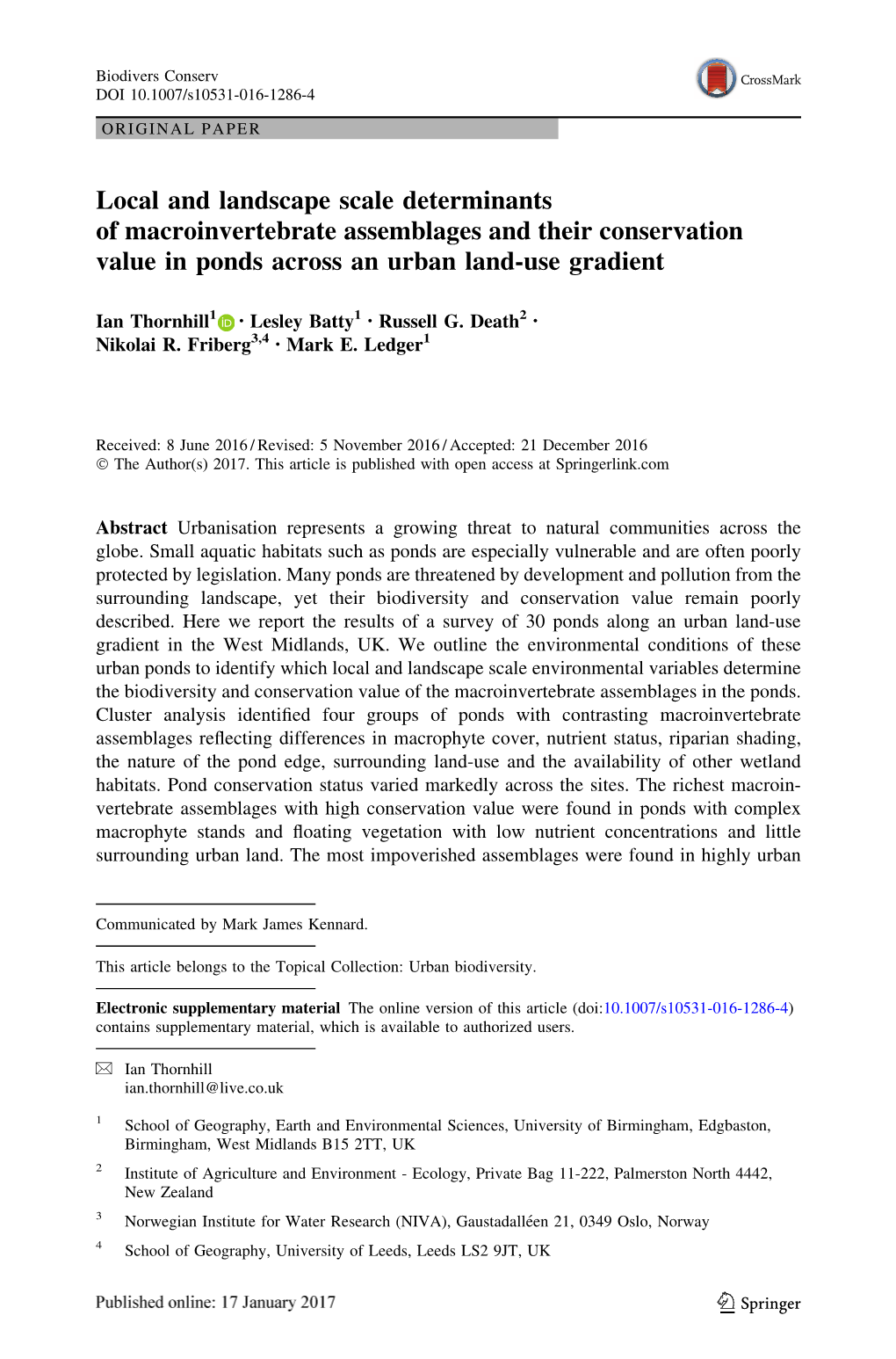 Local and Landscape Scale Determinants of Macroinvertebrate Assemblages and Their Conservation Value in Ponds Across an Urban Land-Use Gradient