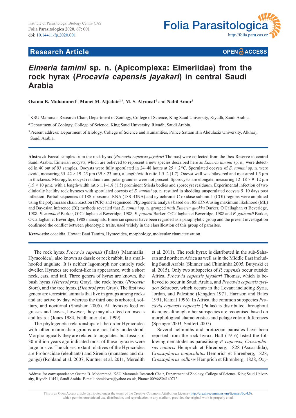 Eimeria Tamimi Sp. N. (Apicomplexa: Eimeriidae) from the Rock Hyrax (Procavia Capensis Jayakari) in Central Saudi Arabia