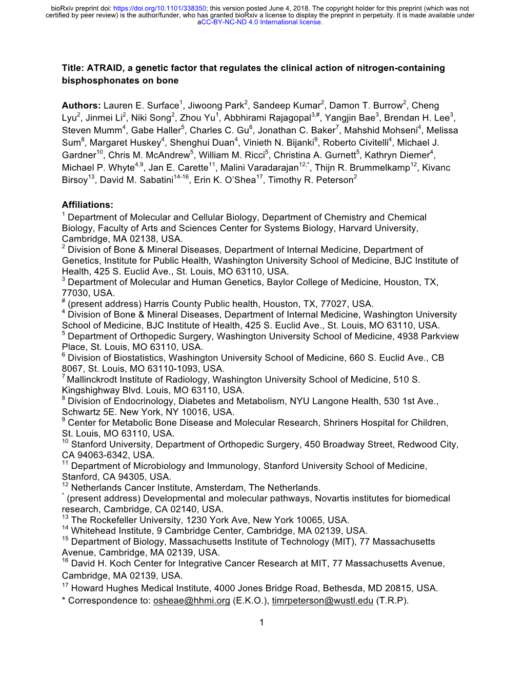 ATRAID, a Genetic Factor That Regulates the Clinical Action of Nitrogen-Containing Bisphosphonates on Bone