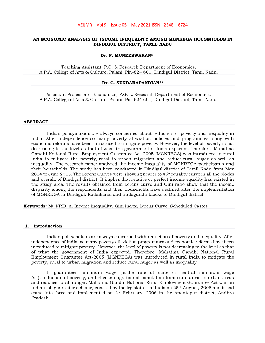 An Economic Analysis of Income Inequality Among MNREGA