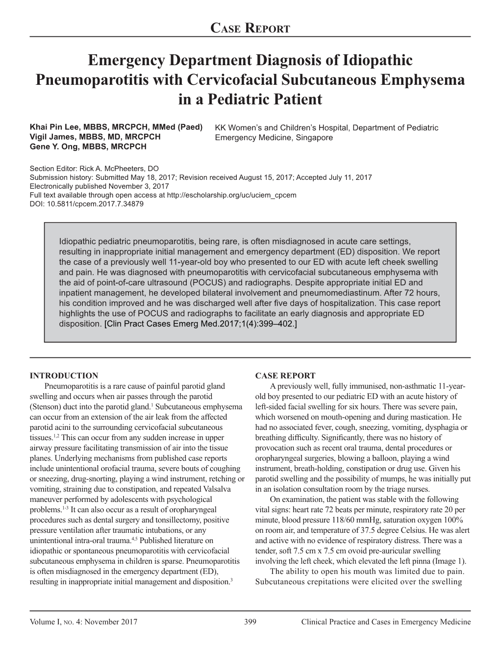 Emergency Department Diagnosis of Idiopathic Pneumoparotitis with Cervicofacial Subcutaneous Emphysema in a Pediatric Patient