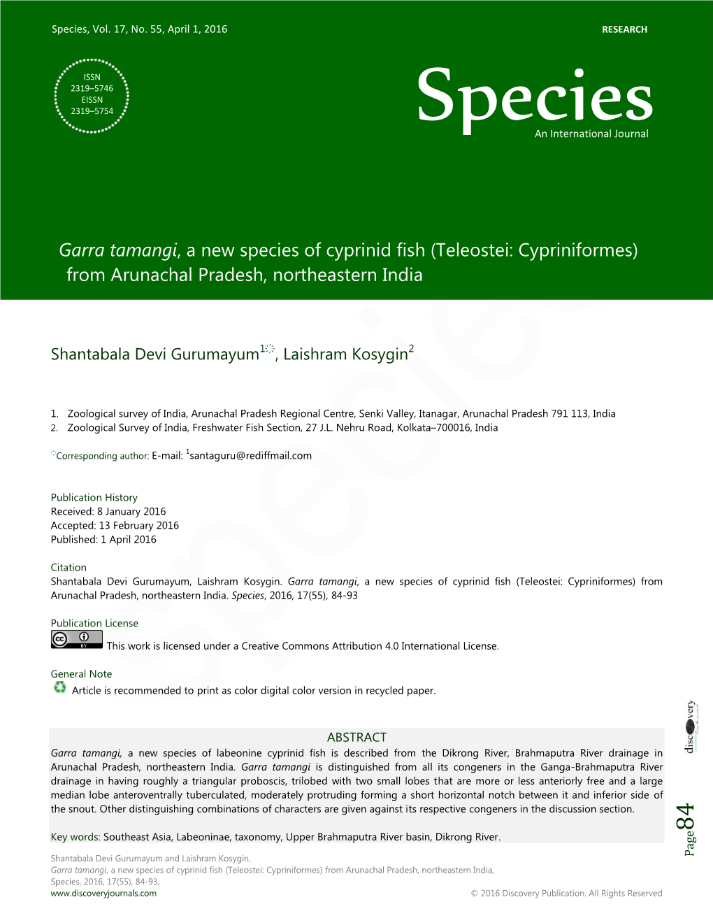 Garra Tamangi, a New Species of Cyprinid Fish (Teleostei: Cypriniformes) from Arunachal Pradesh, Northeastern India