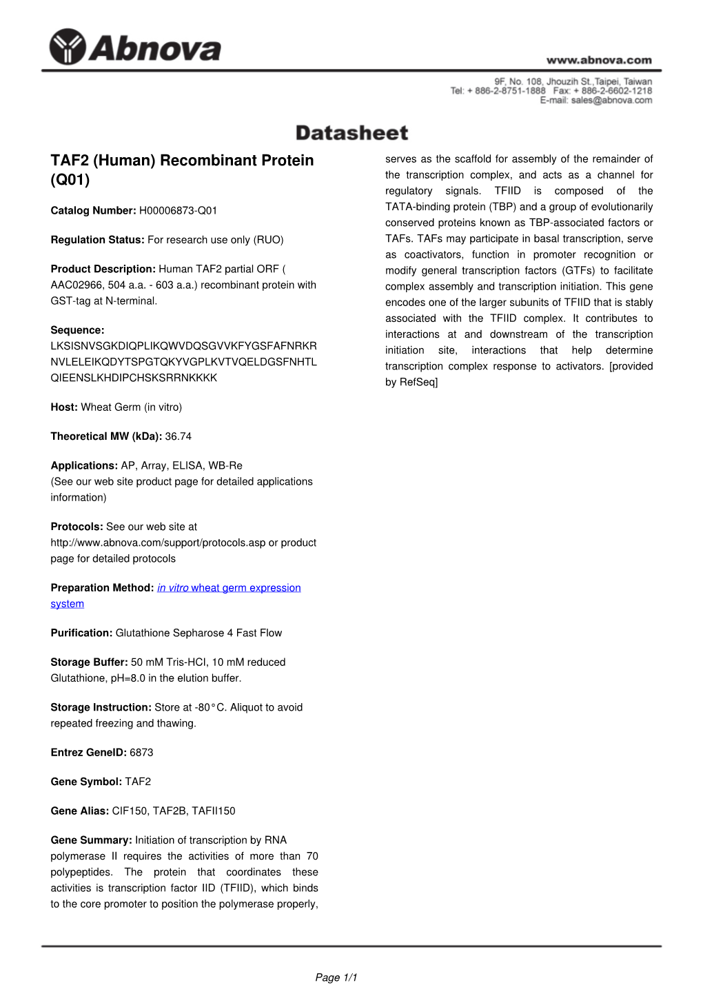 TAF2 (Human) Recombinant Protein (Q01)