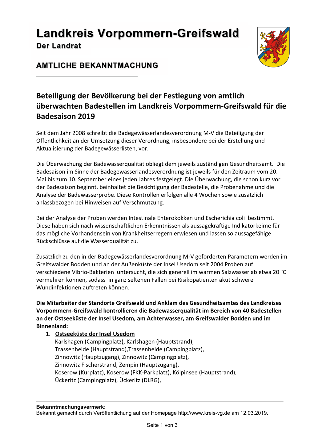 Beteiligung Der Bevölkerung Bei Der Festlegung Von Amtlich Überwachten Badestellen Im Landkreis Vorpommern‐Greifswald Für Die Badesaison 2019