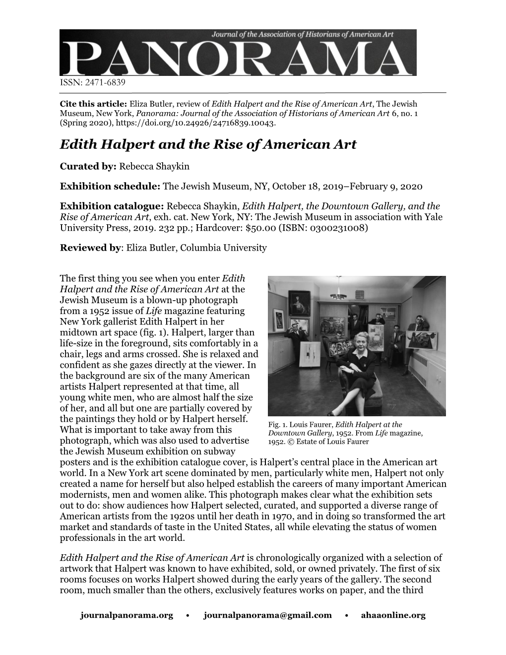 Butler, Review of Edith Halpert and the Rise of American Art, the Jewish Museum, New York, Panorama: Journal of the Association of Historians of American Art 6, No