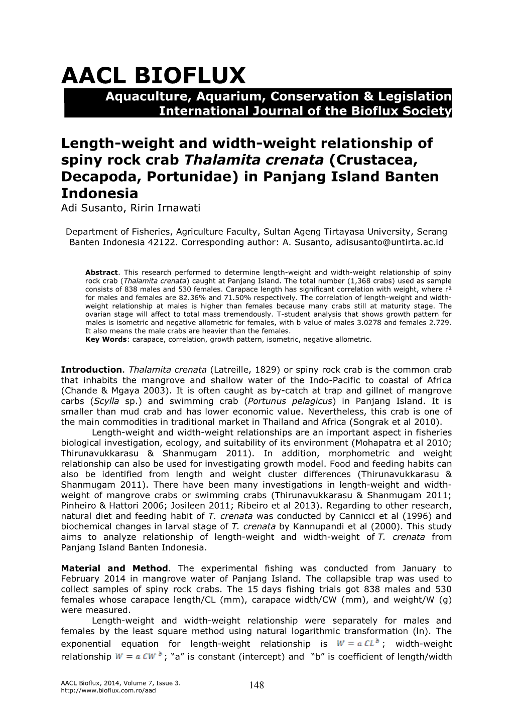 Length-Weight and Width-Weight Relationship of Spiny Rock Crab Thalamita Crenata