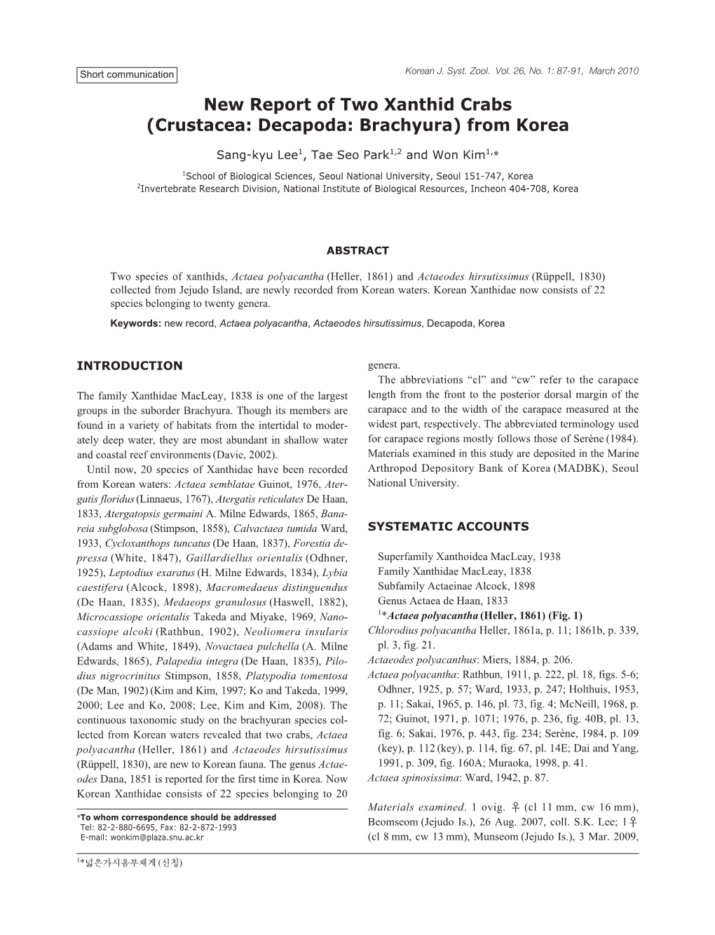New Report of Two Xanthid Crabs (Crustacea: Decapoda: Brachyura) from Korea