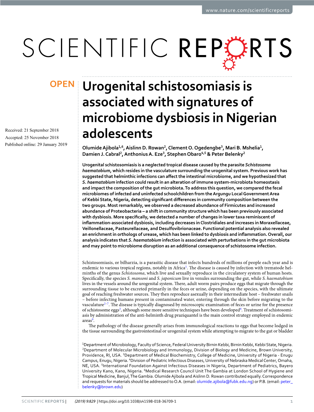 Urogenital Schistosomiasis Is Associated with Signatures of Microbiome Dysbiosis in Nigerian Adolescents