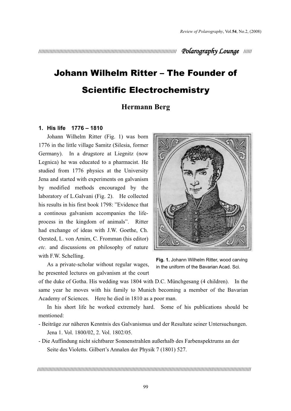 Johann Wilhelm Ritter – the Founder of Scientific Electrochemistry