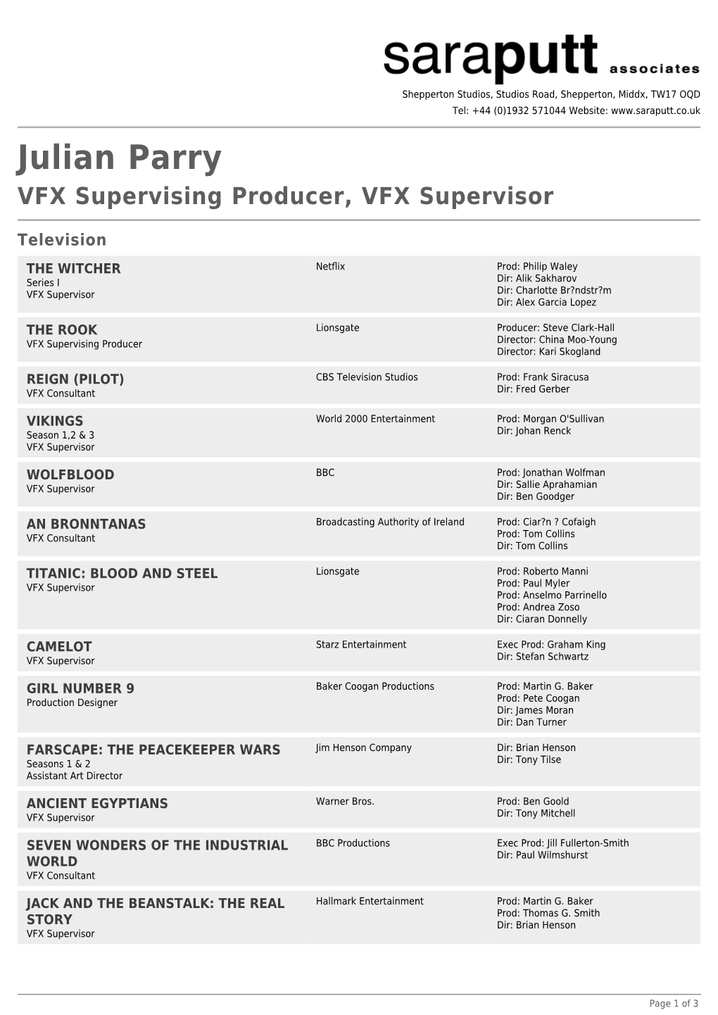 Julian Parry VFX Supervising Producer, VFX Supervisor