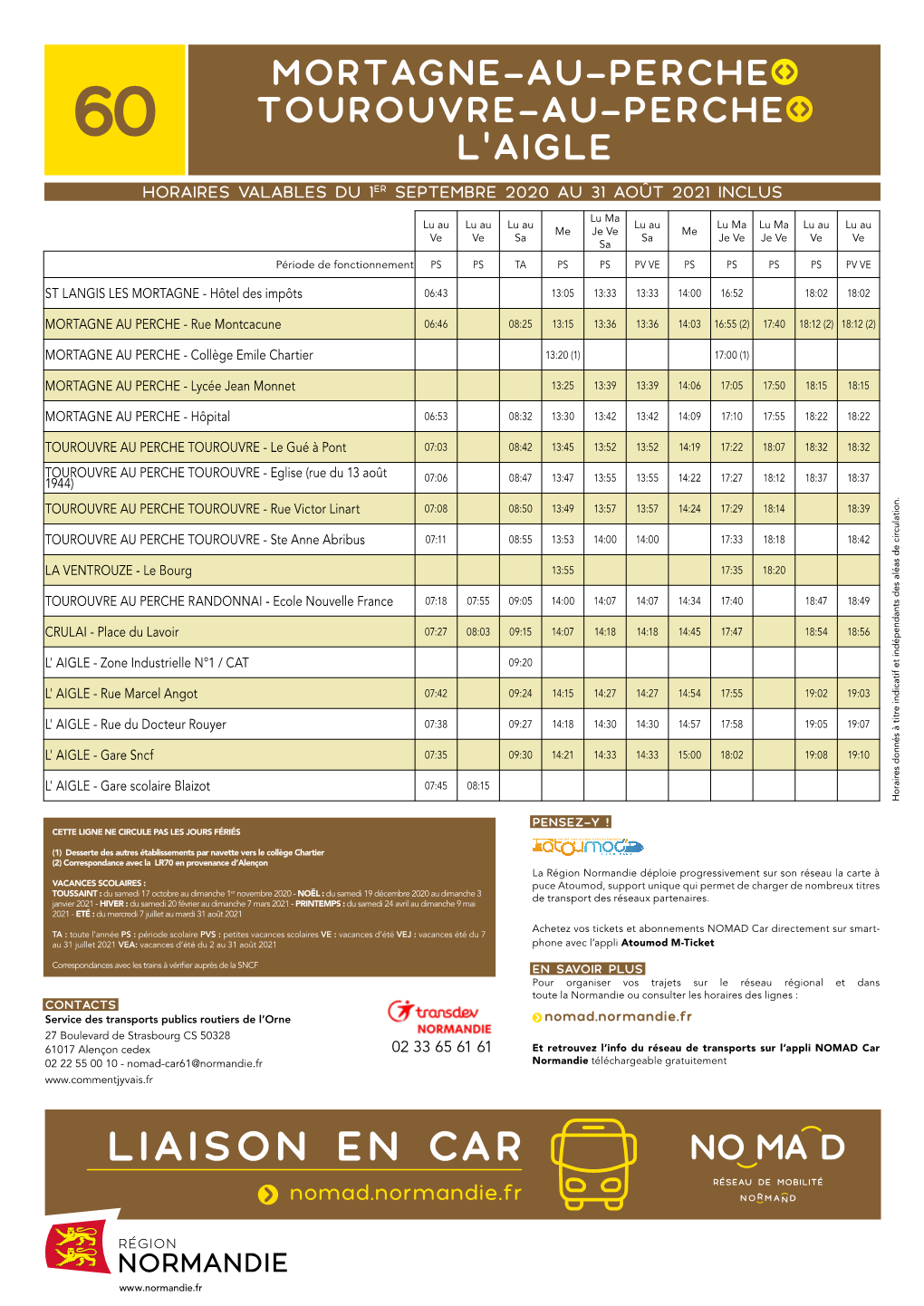 Mortagne-Au-Perche Tourouvre-Au-Perche 60 L’Aigle Horaires Valables Du 1Er Septembre 2020 Au 31 Août 2021 Inclus