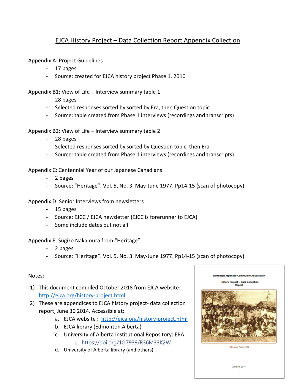 EJCA History Project – Data Collection Report Appendix Collection