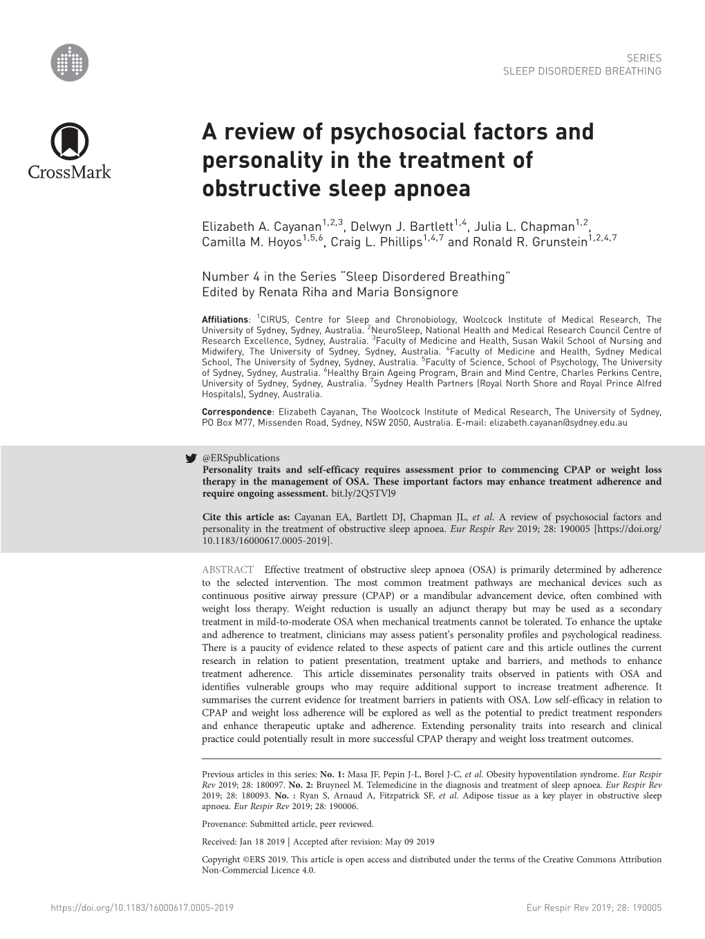 A Review of Psychosocial Factors and Personality in the Treatment of Obstructive Sleep Apnoea