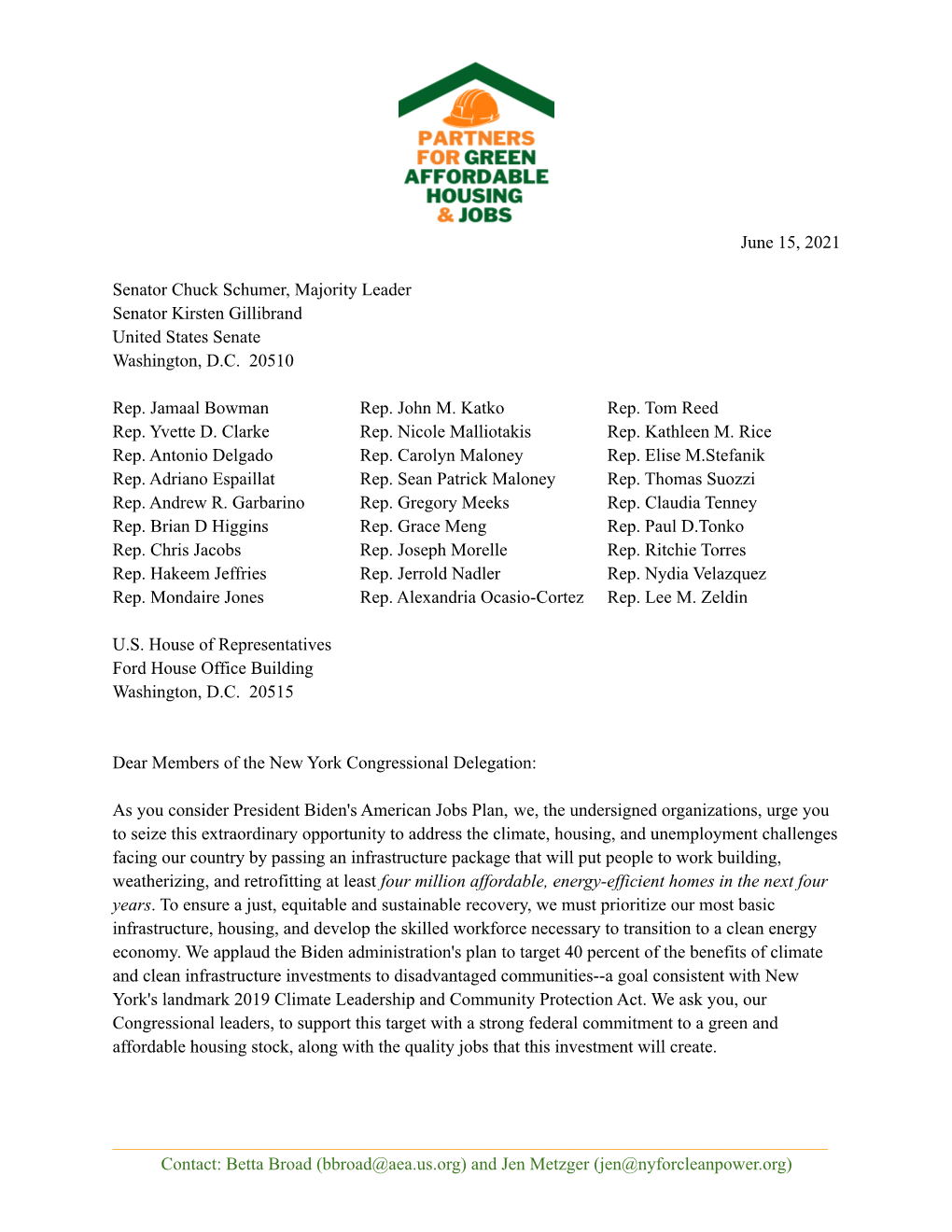 Green Affordable Housing & Jobs Letter