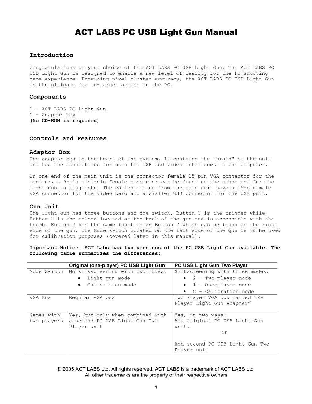 ACT LABS PC USB Light Gun Manual