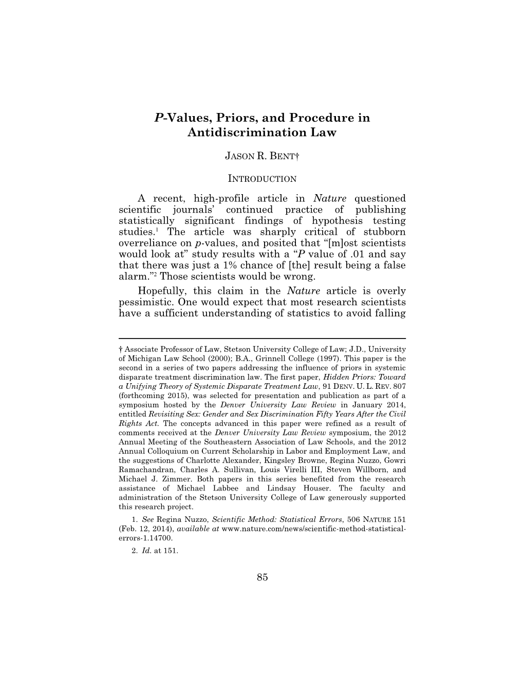 Jason R. Bent, P-Values, Priors, and Procedure in Antidiscrimination