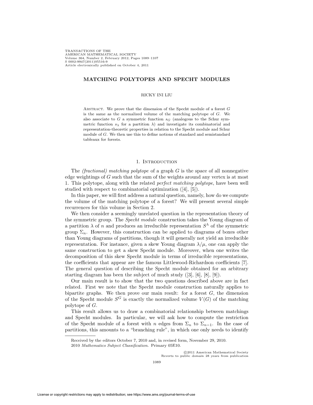 MATCHING POLYTOPES and SPECHT MODULES 1. Introduction