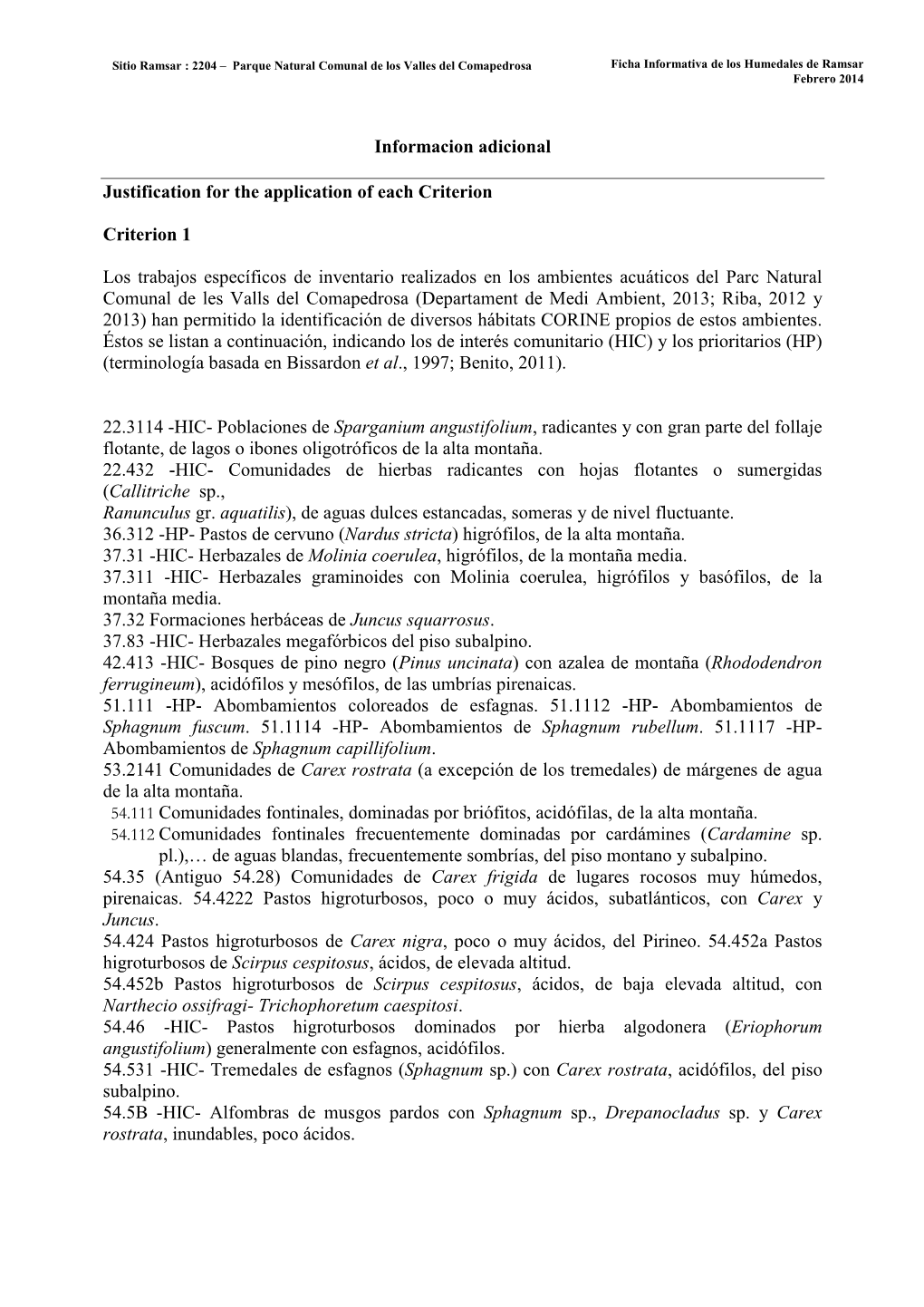 Informacion Adicional Justification for the Application of Each Criterion Criterion 1 Los Trabajos Específicos De Inventario Re