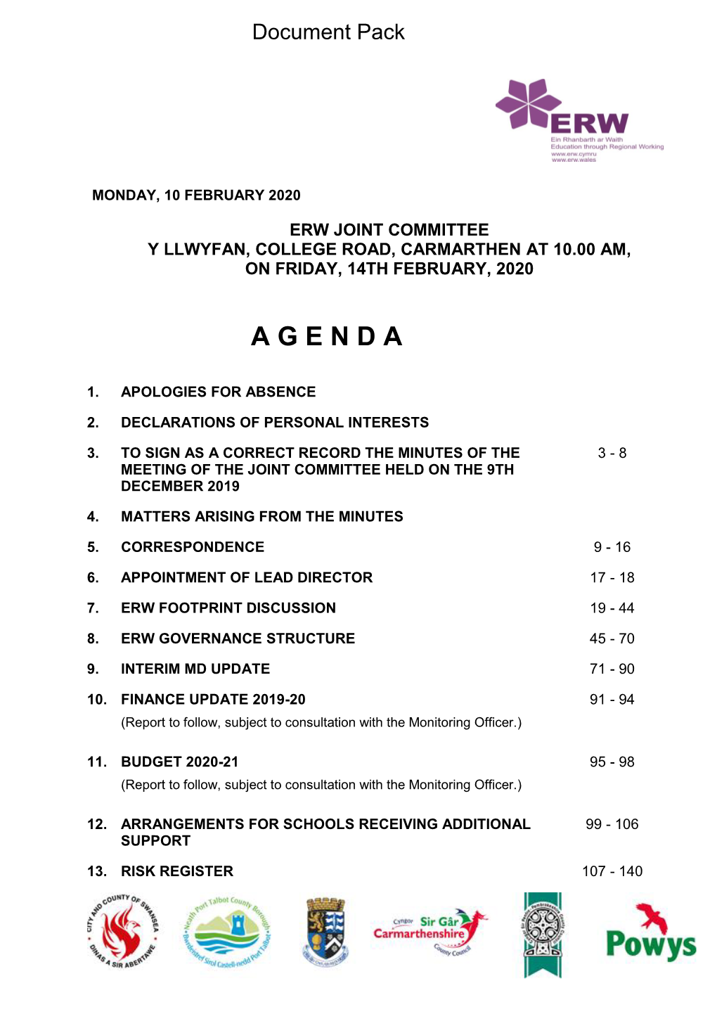 (Public Pack)Agenda Document for ERW Joint Committee, 14/02/2020