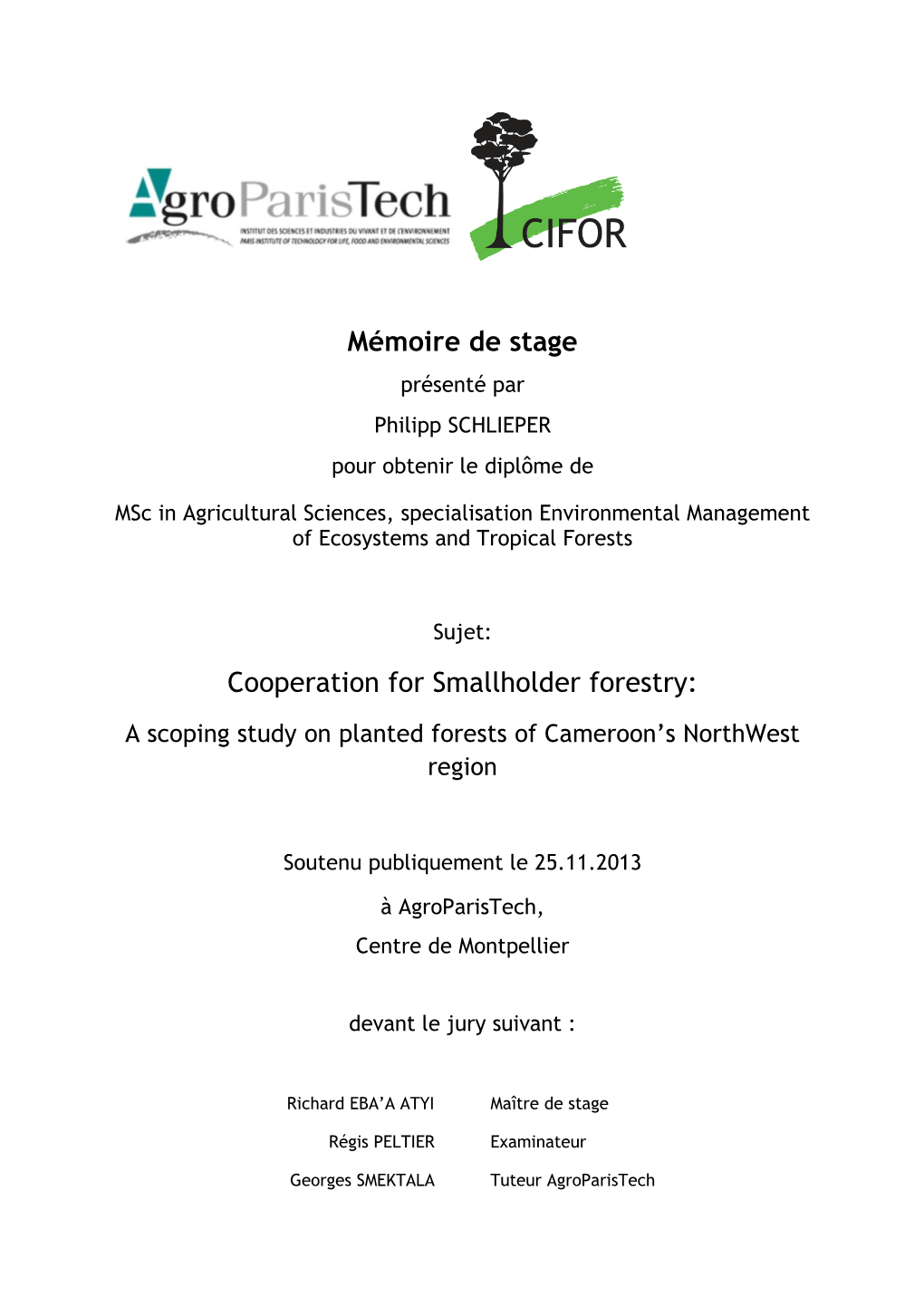 Mémoire De Stage Cooperation for Smallholder Forestry