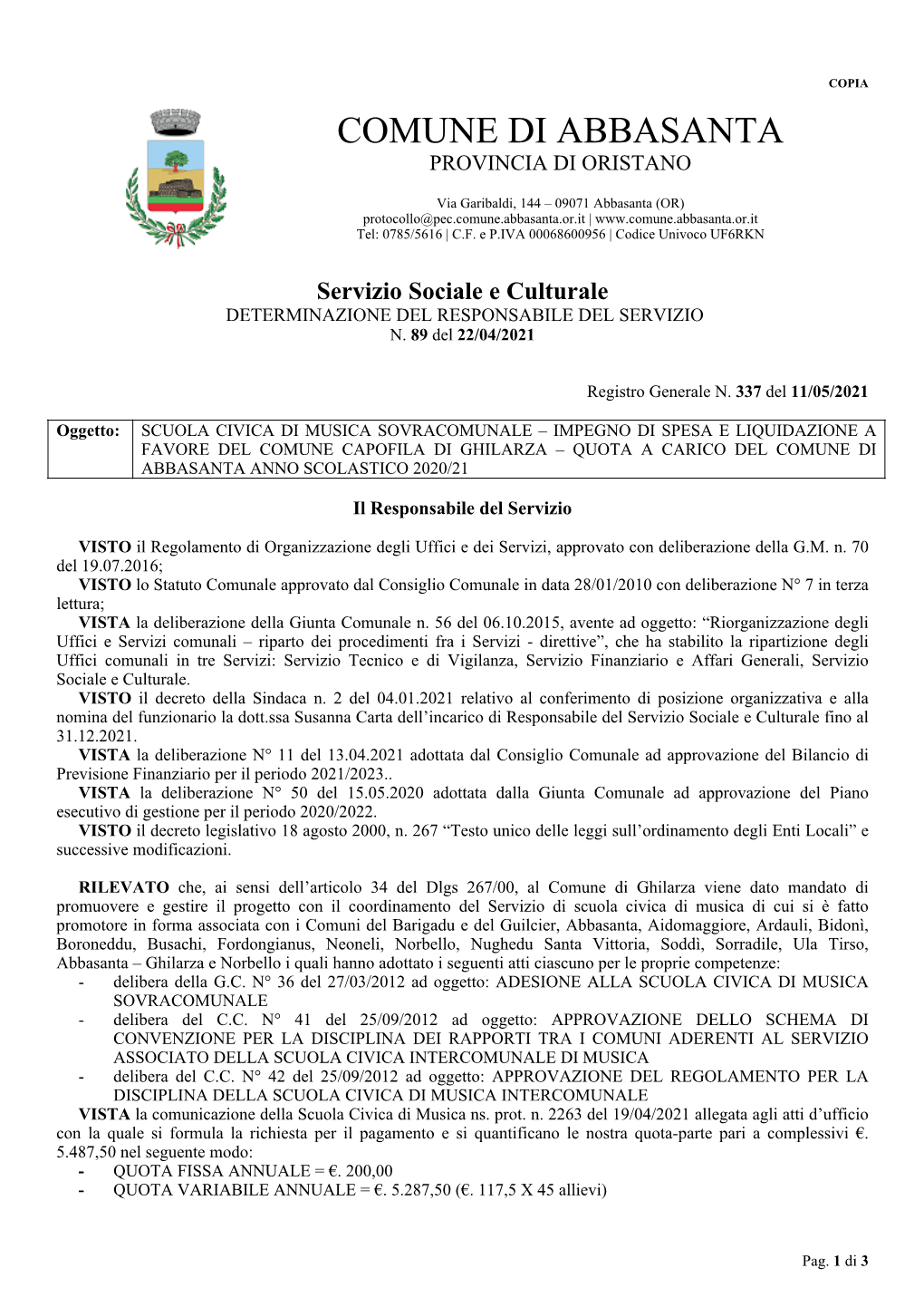 Comune Di Abbasanta Provincia Di Oristano