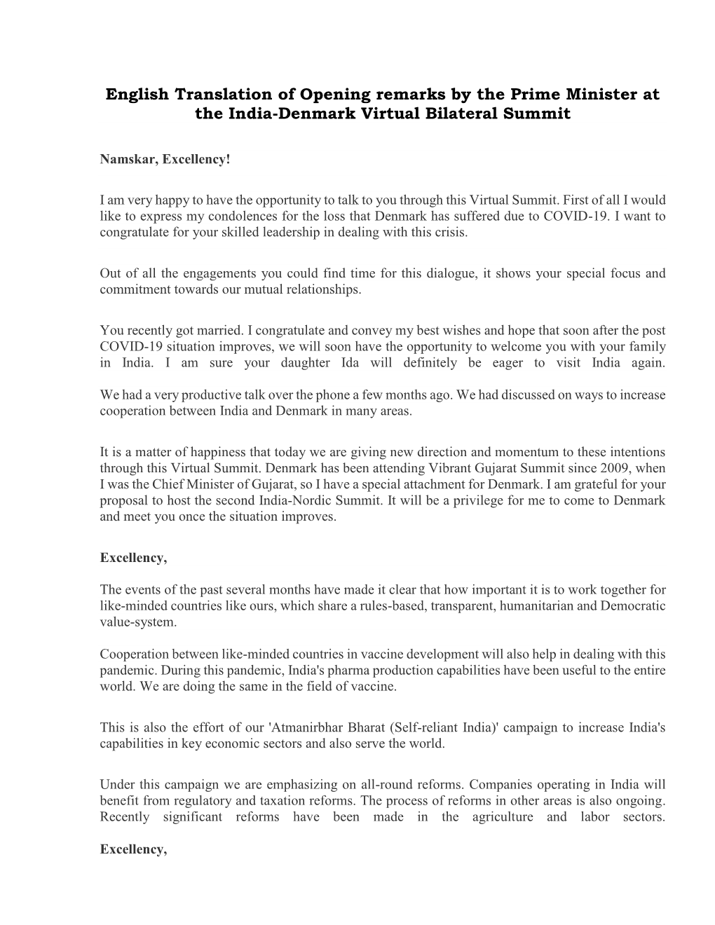 English Translation of Opening Remarks by the Prime Minister at the India-Denmark Virtual Bilateral Summit