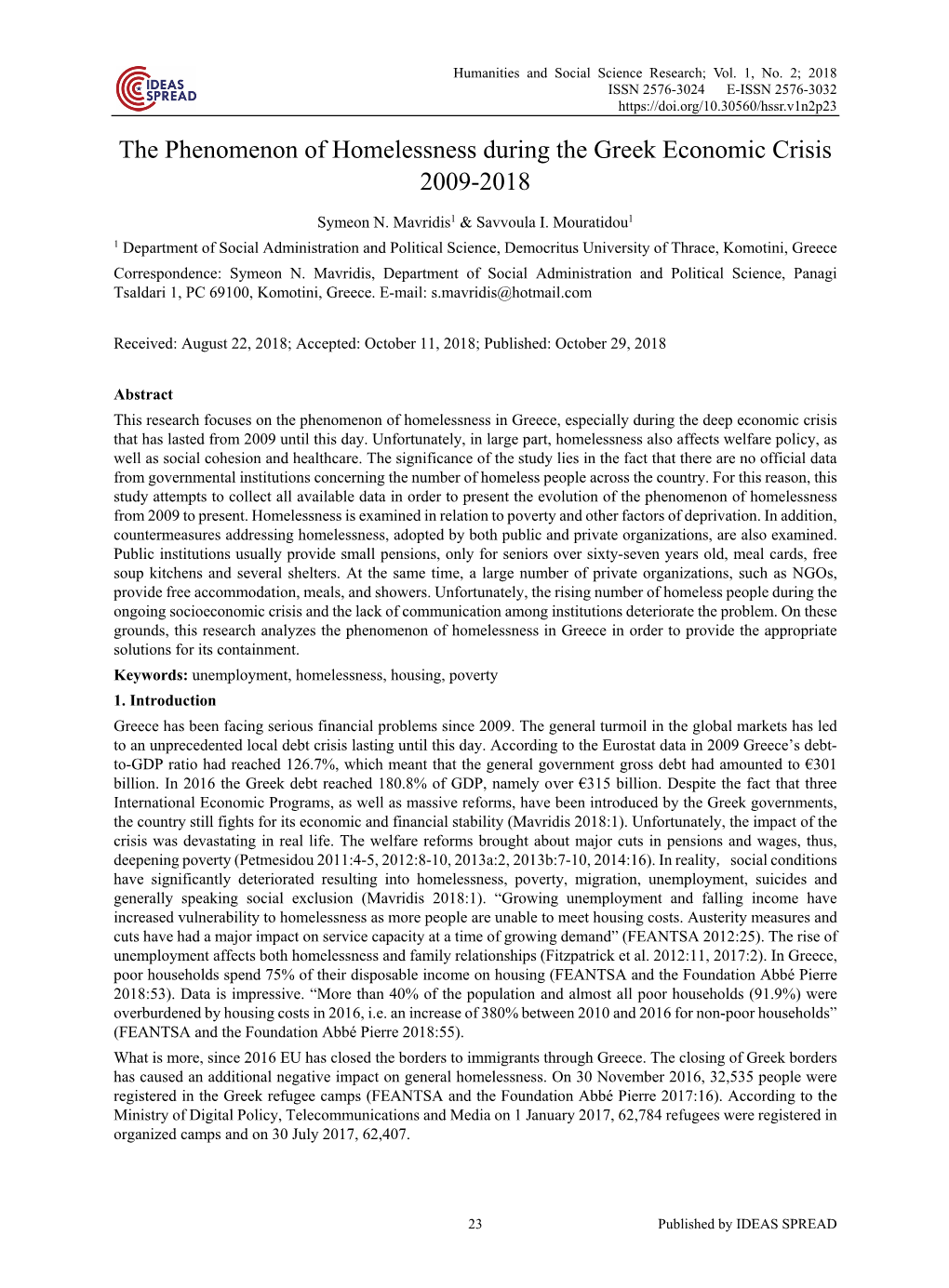 The Phenomenon of Homelessness During the Greek Economic Crisis 2009-2018