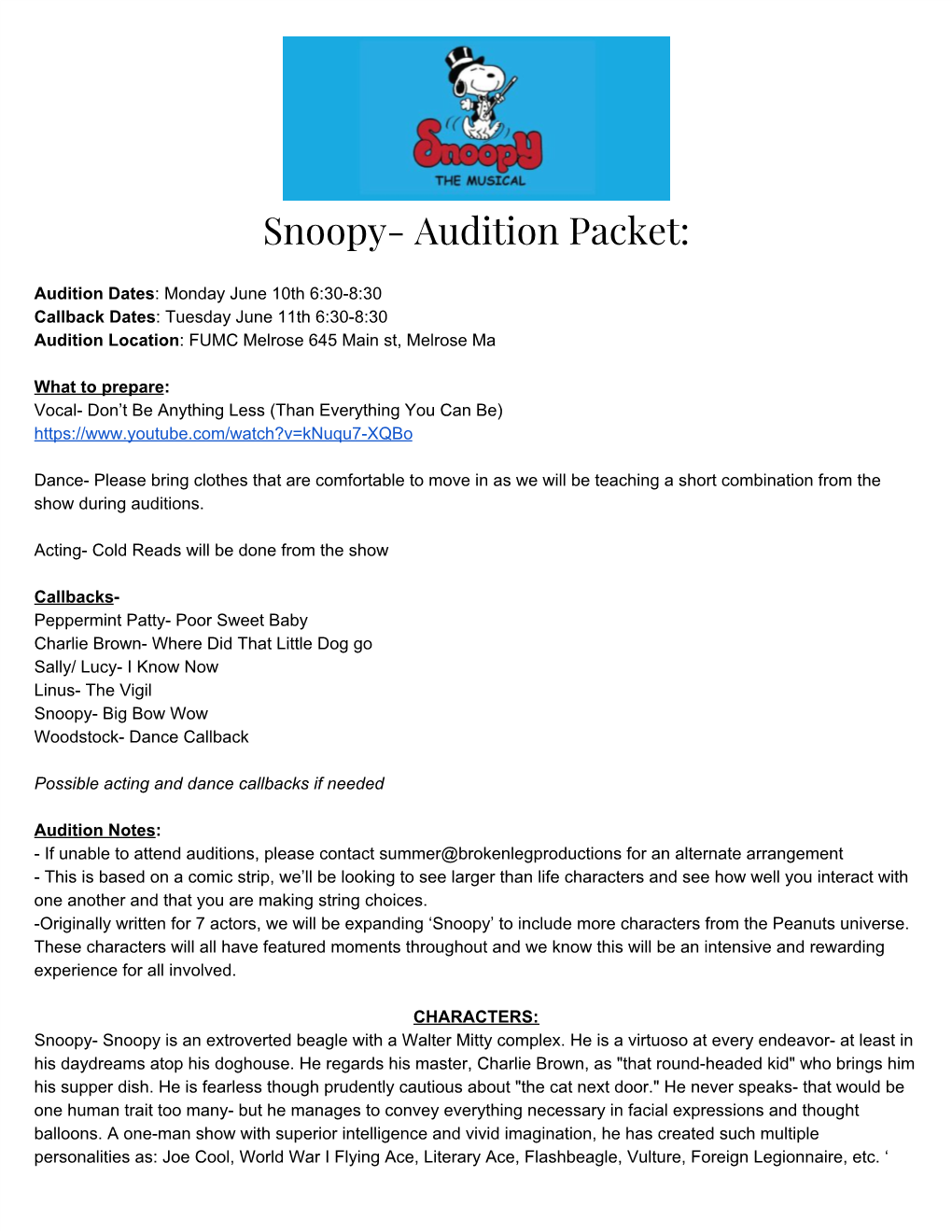 Snoopy- Audition Packet