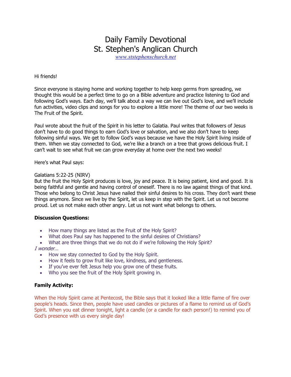 Daily Family Devotional St. Stephen's Anglican Church