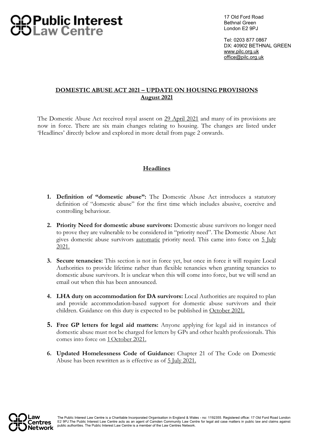 DOMESTIC ABUSE ACT 2021 – UPDATE on HOUSING PROVISIONS August 2021