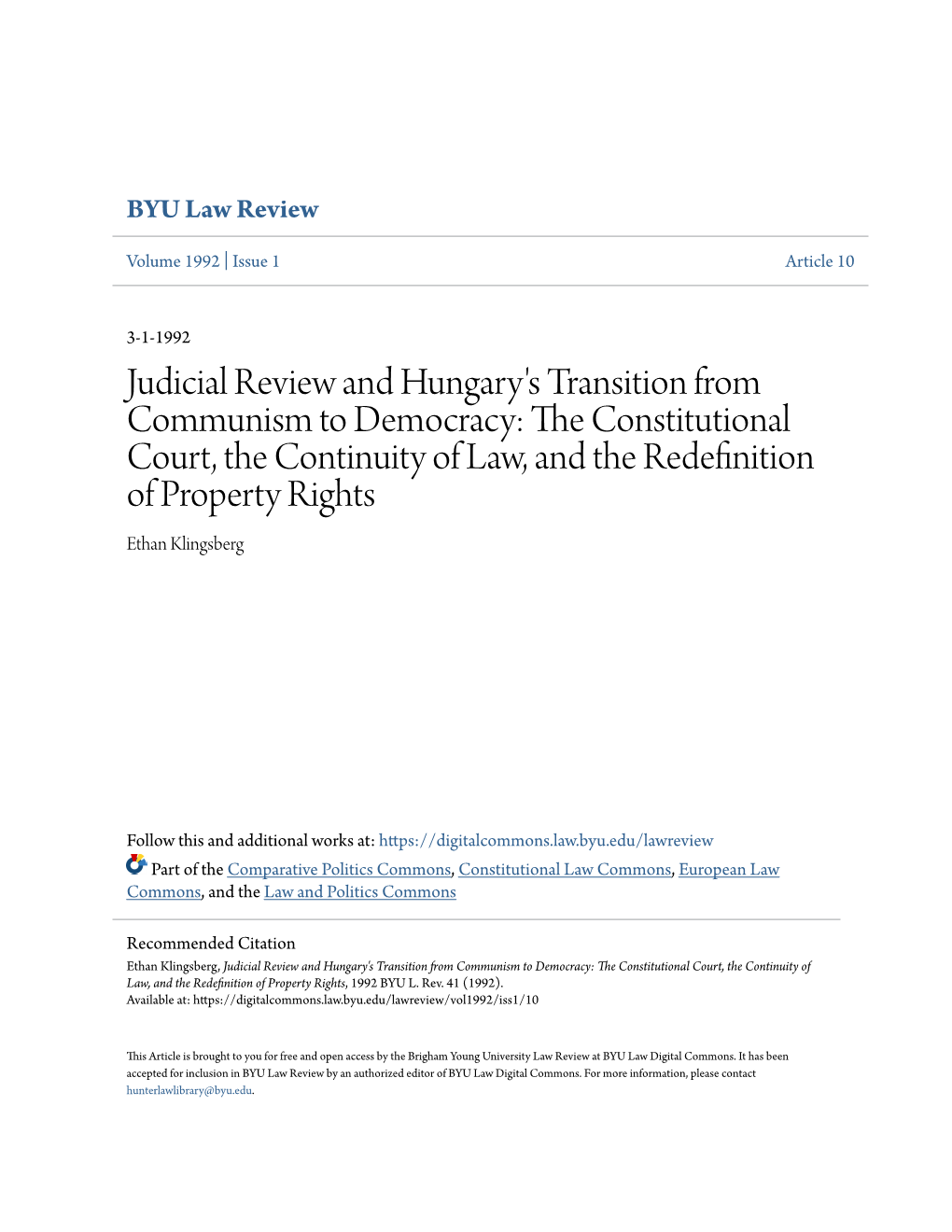 Judicial Review and Hungary's Transition from Communism To